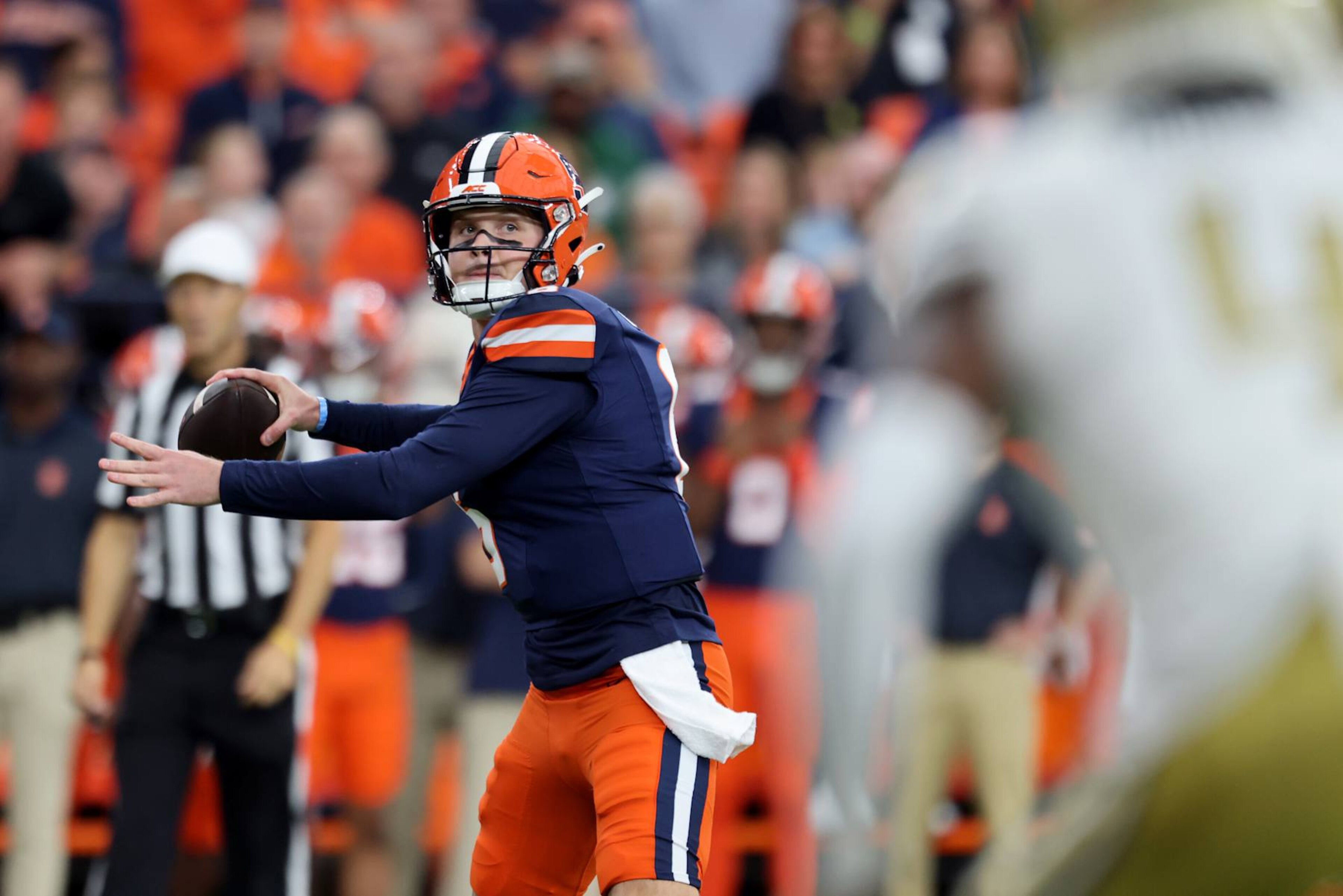 SYRACUSE, NEW YORK - SEPTEMBER 07: Kyle McCord #6 of the Syracuse Orange throws a pass during the first quarter against the Georgia Tech Yellow Jackets at JMA Wireless Dome on September 07, 2024 in Syracuse, New York. (Photo by Bryan Bennett/Getty Images) SYRACUSE, NEW YORK - SEPTEMBER 07: Kyle McCord #6 of the Syracuse Orange throws a pass during the first quarter against the Georgia Tech Yellow Jackets at JMA Wireless Dome on September 07, 2024 in Syracuse, New York. (Photo by Bryan Bennett/Getty Images)