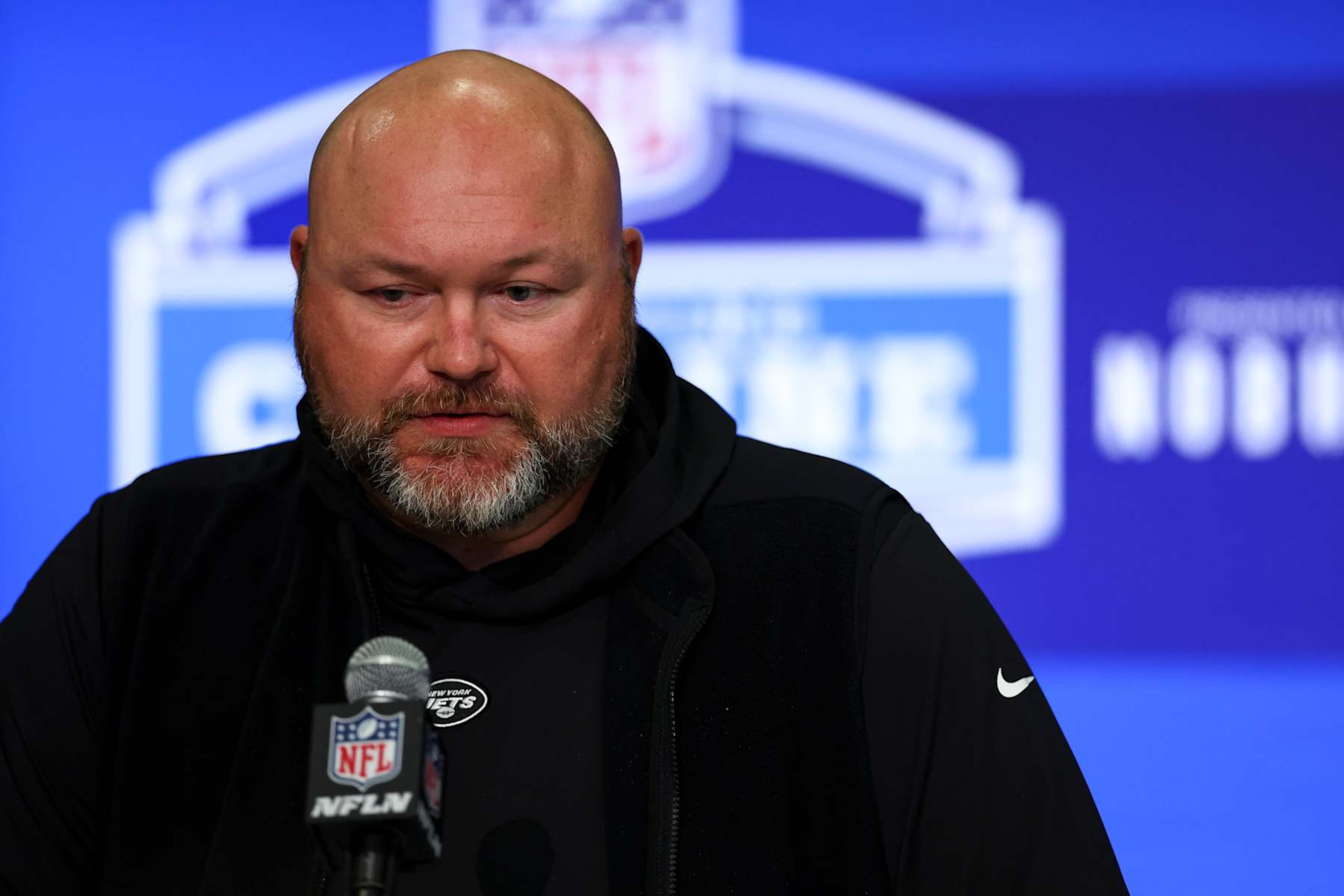 INDIANAPOLIS, INDIANA - FEBRUARY 28: General Manager Joe Douglas of the New York Jets speaks to the media during the NFL Combine at the Indiana Convention Center on February 28, 2024 in Indianapolis, Indiana. (Photo by Kevin Sabitus/Getty Images)