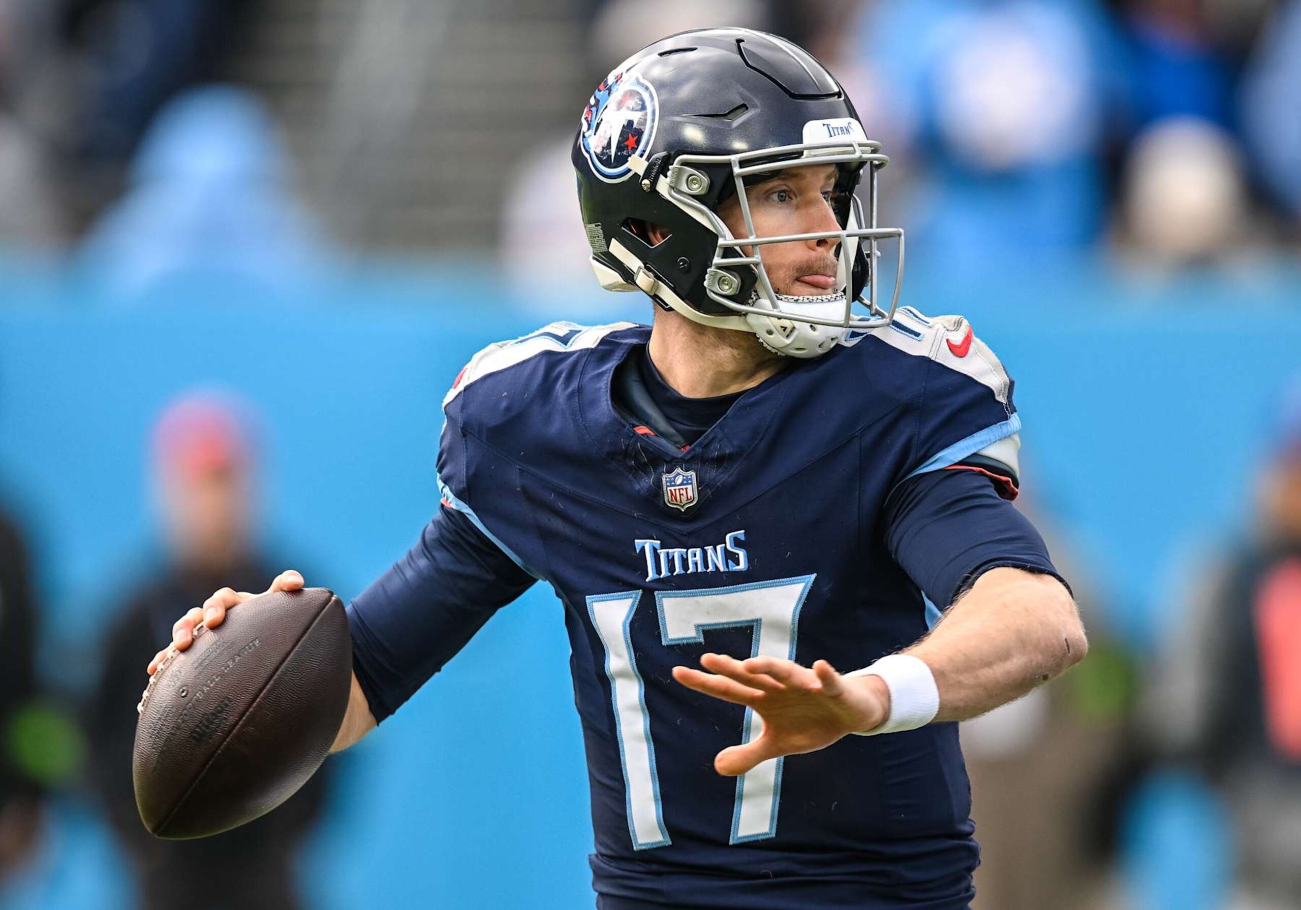 NASHVILLE, TN - JANUARY 07: Tennessee Titans quarterback Ryan Tannehill (17) throws a pass during the NFL game between the Tennessee Titans and the Jacksonville Jaguars on January 7, 2024, at Nissan Stadium in Nashville, TN. (Photo by Bryan Lynn/Icon Sportswire via Getty Images) NASHVILLE, TN - JANUARY 07: Tennessee Titans quarterback Ryan Tannehill (17) throws a pass during the NFL game between the Tennessee Titans and the Jacksonville Jaguars on January 7, 2024, at Nissan Stadium in Nashville, TN. (Photo by Bryan Lynn/Icon Sportswire via Getty Images)