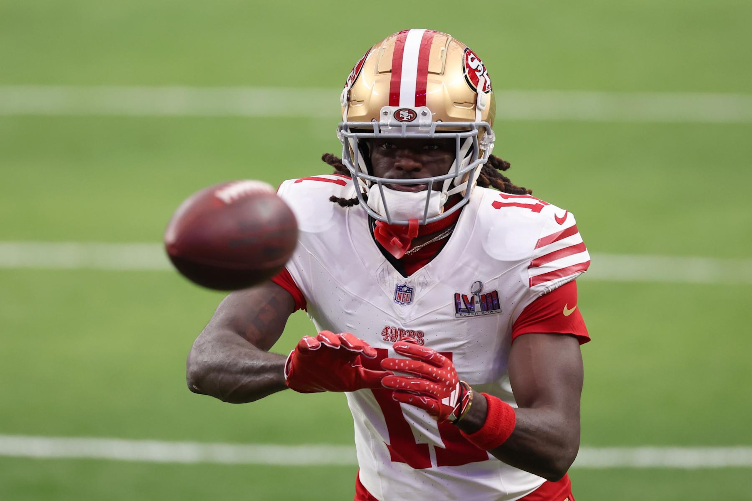LAS VEGAS, NEVADA - FEBRUARY 11: Brandon Aiyuk #11 of the San Francisco 49ers warms up prior to Super Bowl LVIII against the Kansas City Chiefs at Allegiant Stadium on February 11, 2024 in Las Vegas, Nevada. (Photo by Steph Chambers/Getty Images)