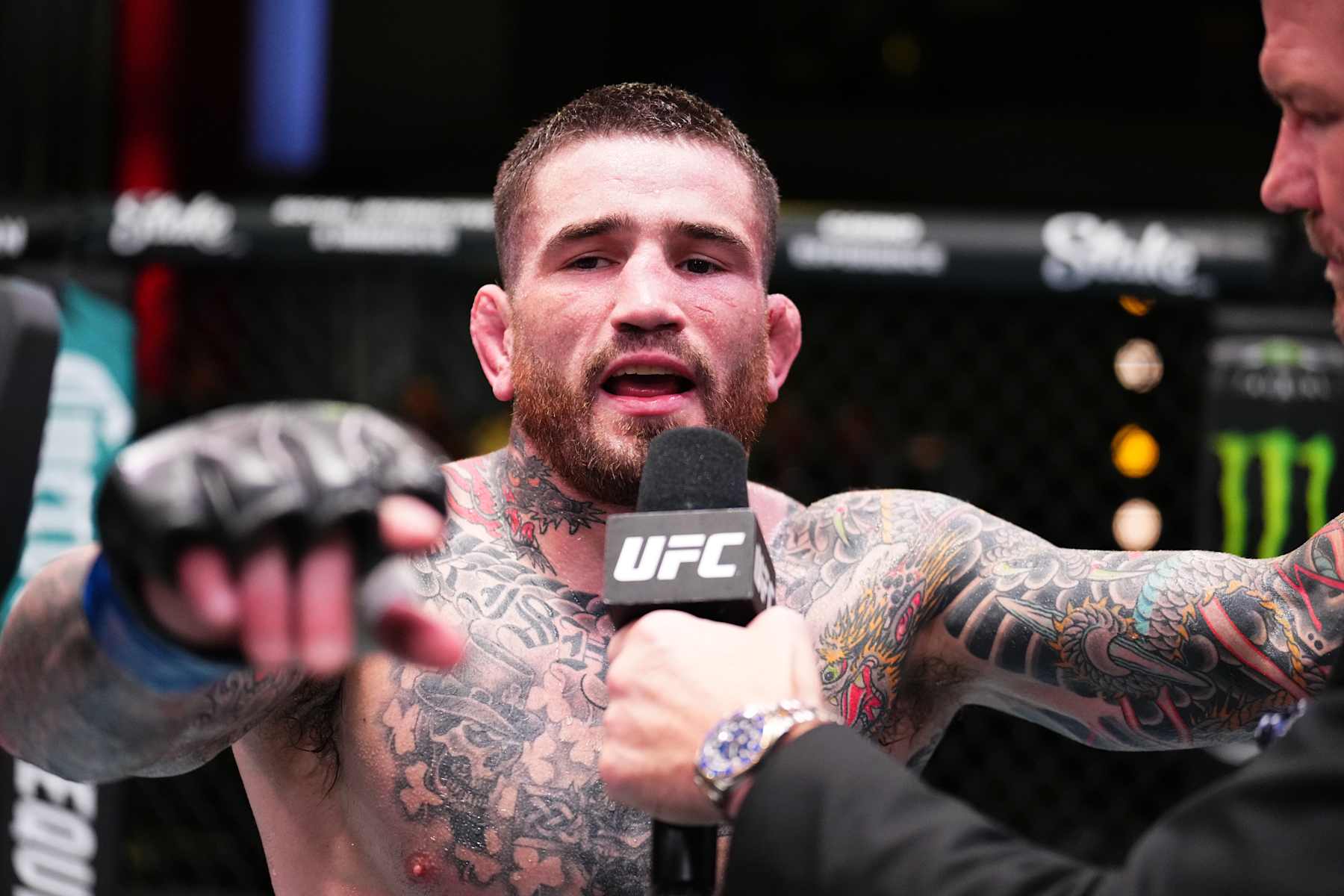 Sean Brady reacts after his unanimous-decision victory against Gilbert Burns