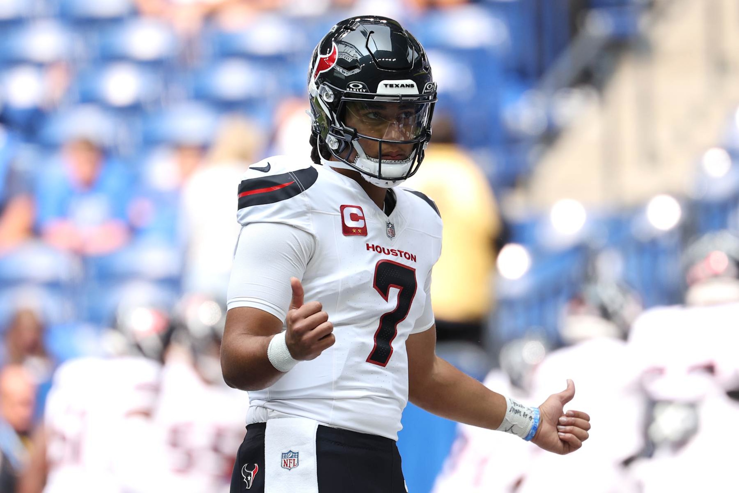 INDIANAPOLIS, INDIANA - SEPTEMBER 08: C.J. Stroud #7 of the Houston Texans warms up before the game against the Indianapolis Colts at Lucas Oil Stadium on September 08, 2024 in Indianapolis, Indiana. (Photo by Michael Hickey/Getty Images)