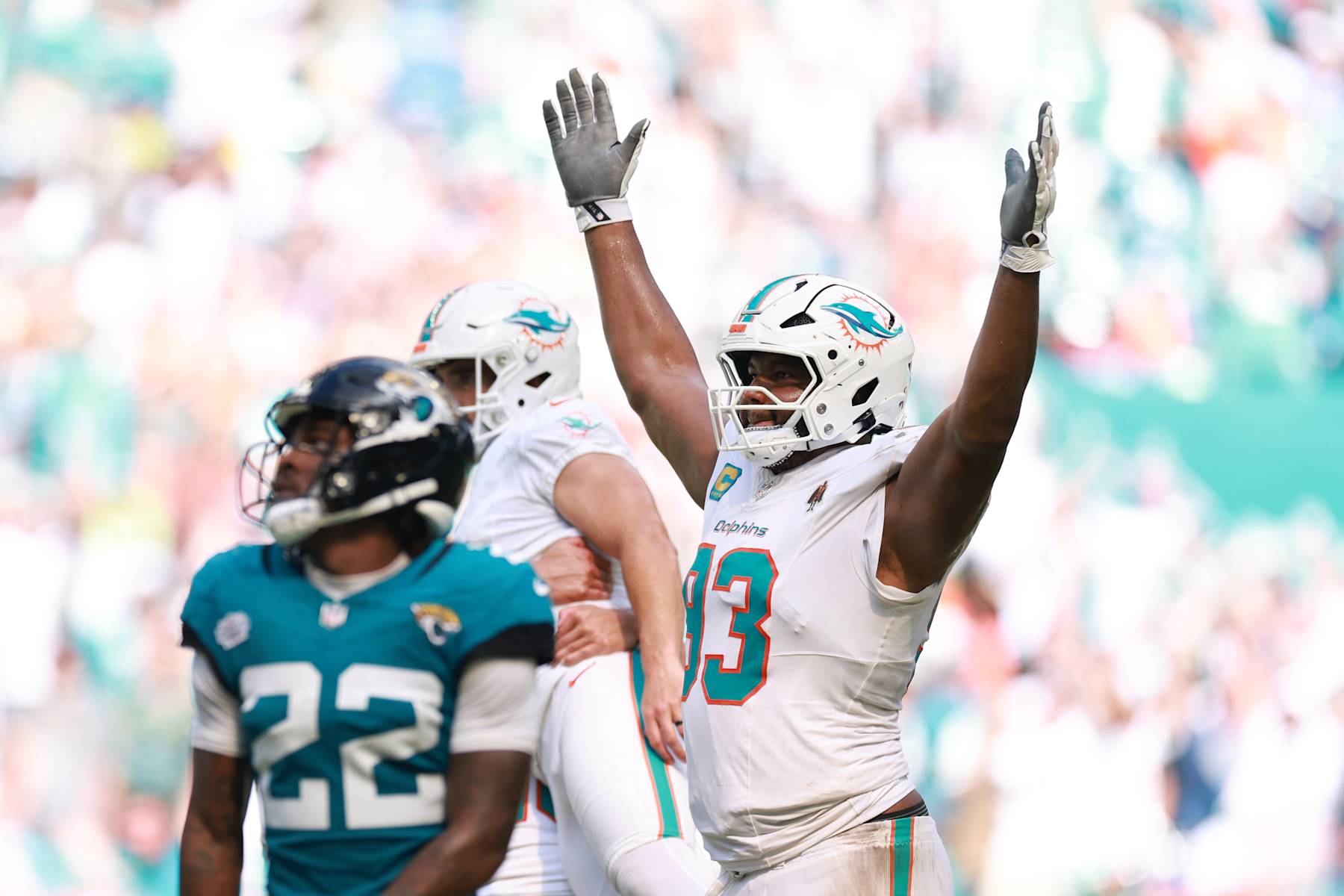 MIAMI GARDENS, FLORIDA - SEPTEMBER 08: Calais Campbell #93 of the Miami Dolphins celebrates while watching the game winning field goal during the fourth quarter against the Jacksonville Jaguars at Hard Rock Stadium on September 08, 2024 in Miami Gardens, Florida. (Photo by Carmen Mandato/Getty Images)