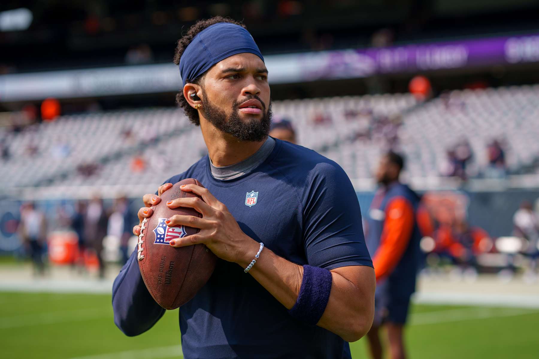 CHICAGO,  - SEPTEMBER 8: Quarterback Caleb Williams #18 of the Chicago Bears warms up prior to an NFL football game against the Tennessee Titans at Soldier Field on September 8, 2024 in Chicago, Illinois. (Photo by Todd Rosenberg/Getty Images)