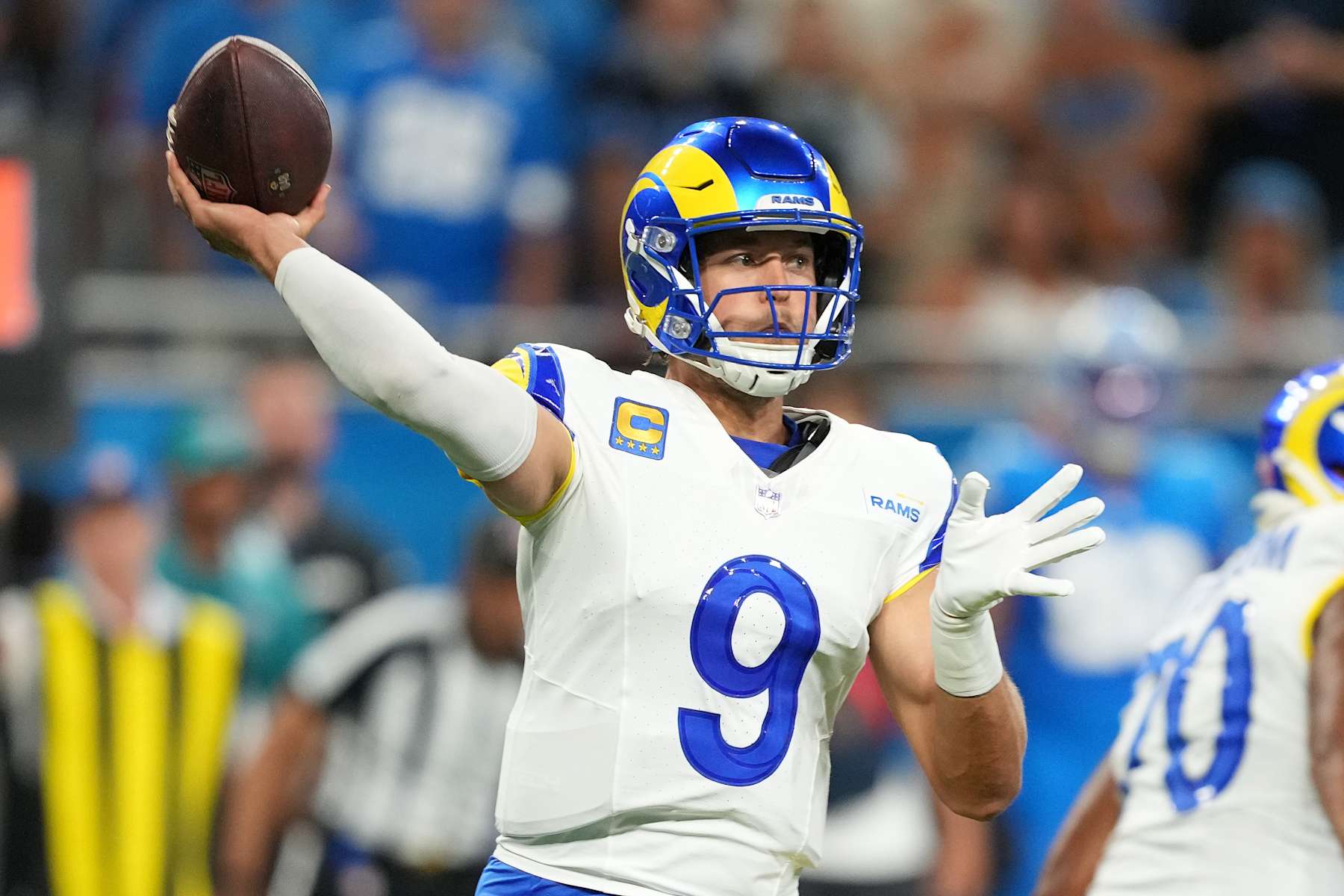 DETROIT, MICHIGAN - SEPTEMBER 08: Matthew Stafford #9 of the Los Angeles Rams looks to pass against the Detroit Lions in the first quarter at Ford Field on September 08, 2024 in Detroit, Michigan. (Photo by Nic Antaya/Getty Images)