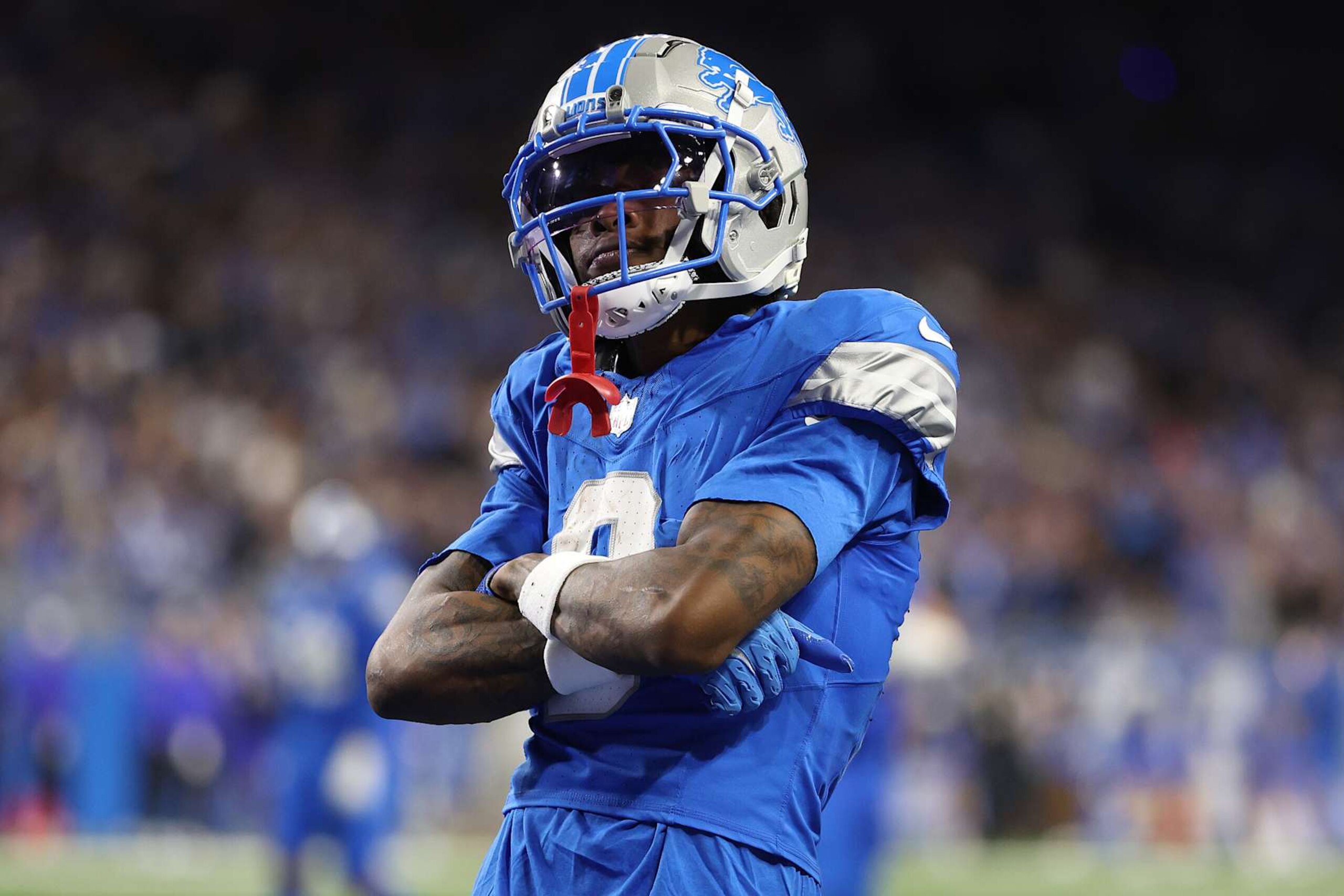 DETROIT, MICHIGAN - SEPTEMBER 08: Jameson Williams #9 of the Detroit Lions celebrates his 52-yard touchdown against the Los Angeles Rams in the third quarter at Ford Field on September 08, 2024 in Detroit, Michigan. (Photo by Gregory Shamus/Getty Images)
