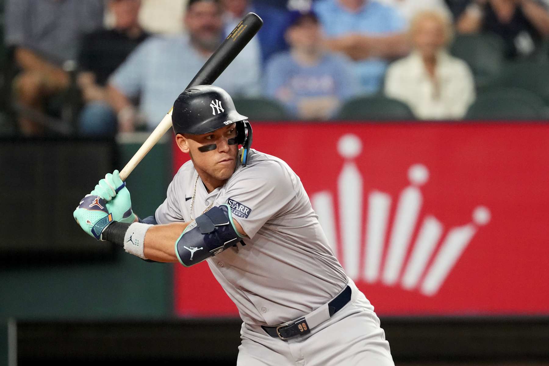 ARLINGTON, TEXAS - SEPTEMBER 03: Aaron Judge #99 of the New York Yankees swings his bat during the first inning against the Texas Rangers at Globe Life Field on September 03, 2024 in Arlington, Texas. (Photo by Sam Hodde/Getty Images)