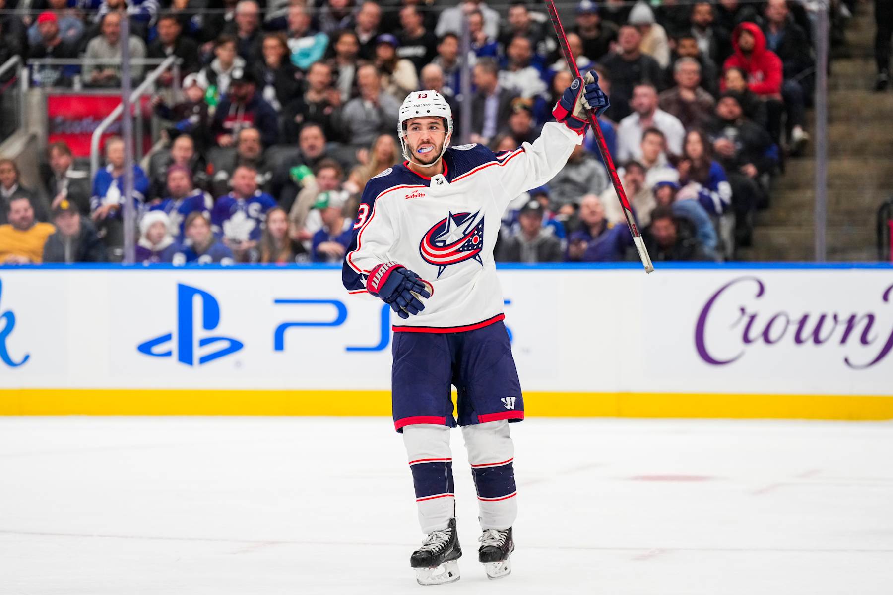 TORONTO, ON - DECEMBER 14: Johnny Gaudreau #13 of the Columbus Blue Jackets celebrates his goal against the Toronto Maple Leafs during the second period at the Scotiabank Arena on December 14, 2023 in Toronto, Ontario, Canada. (Photo by Andrew Lahodynskyj/NHLI via Getty Images)