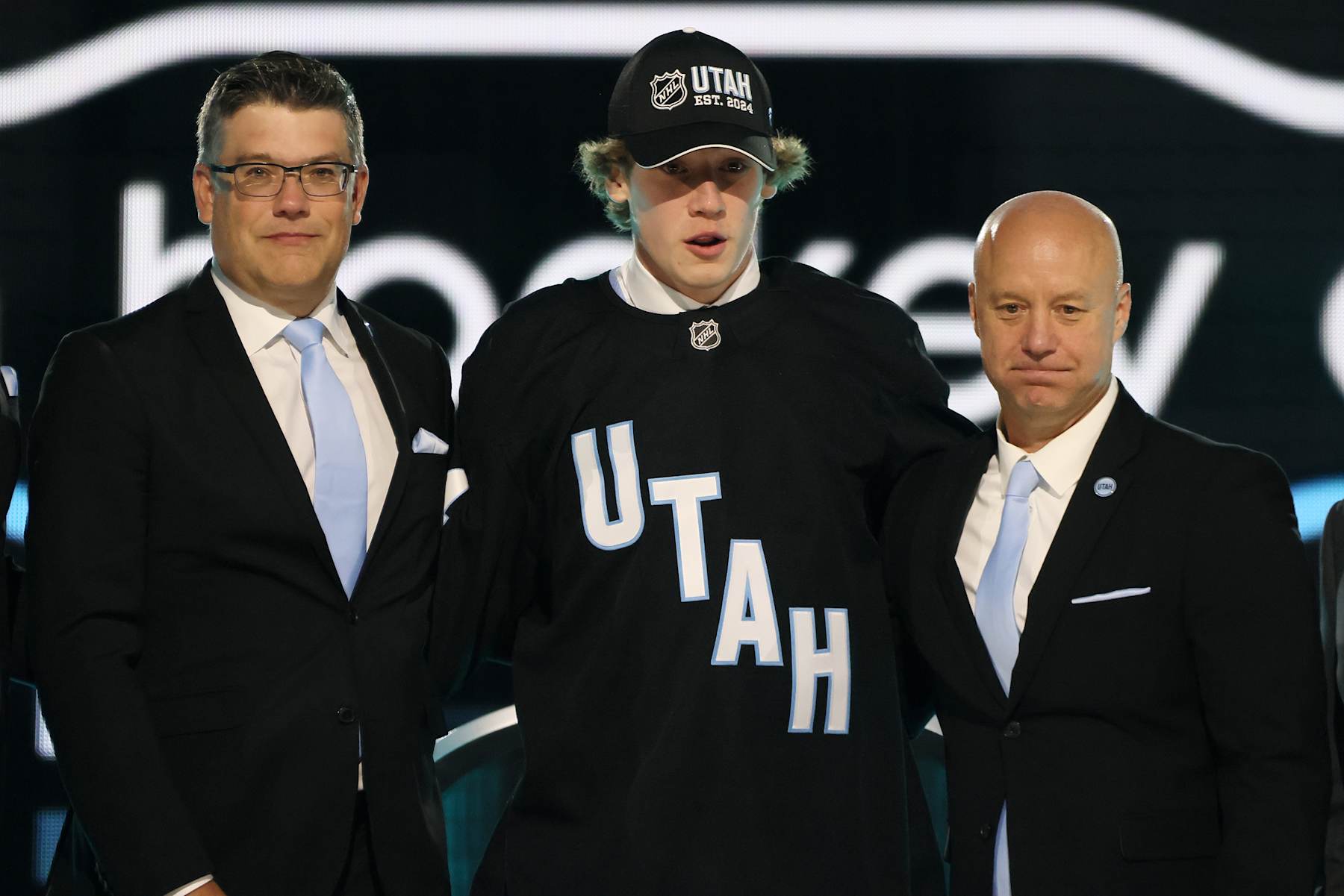 LAS VEGAS, NEVADA - JUNE 28: Cole Beaudoin is selected by the Utah Hockey Club with the 24th overall pick during the first round of the 2024 Upper Deck NHL Draft at Sphere on June 28, 2024 in Las Vegas, Nevada. (Photo by Bruce Bennett/Getty Images)