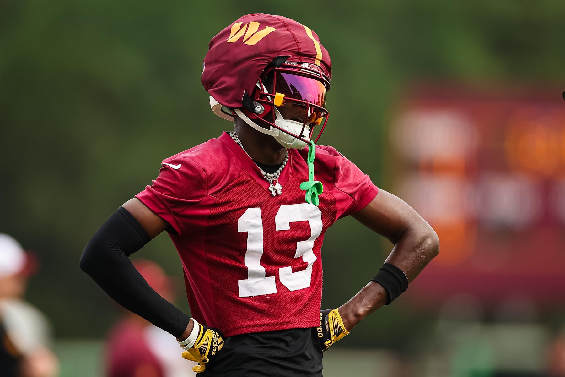 ASHBURN, VA - JULY 25: Emmanuel Forbes Jr. #13 of the Washington Commanders participates in a drill during training camp at OrthoVirginia Training Center at Commanders Park on July 25, 2024 in Ashburn, Virginia. (Photo by Scott Taetsch/Getty Images)