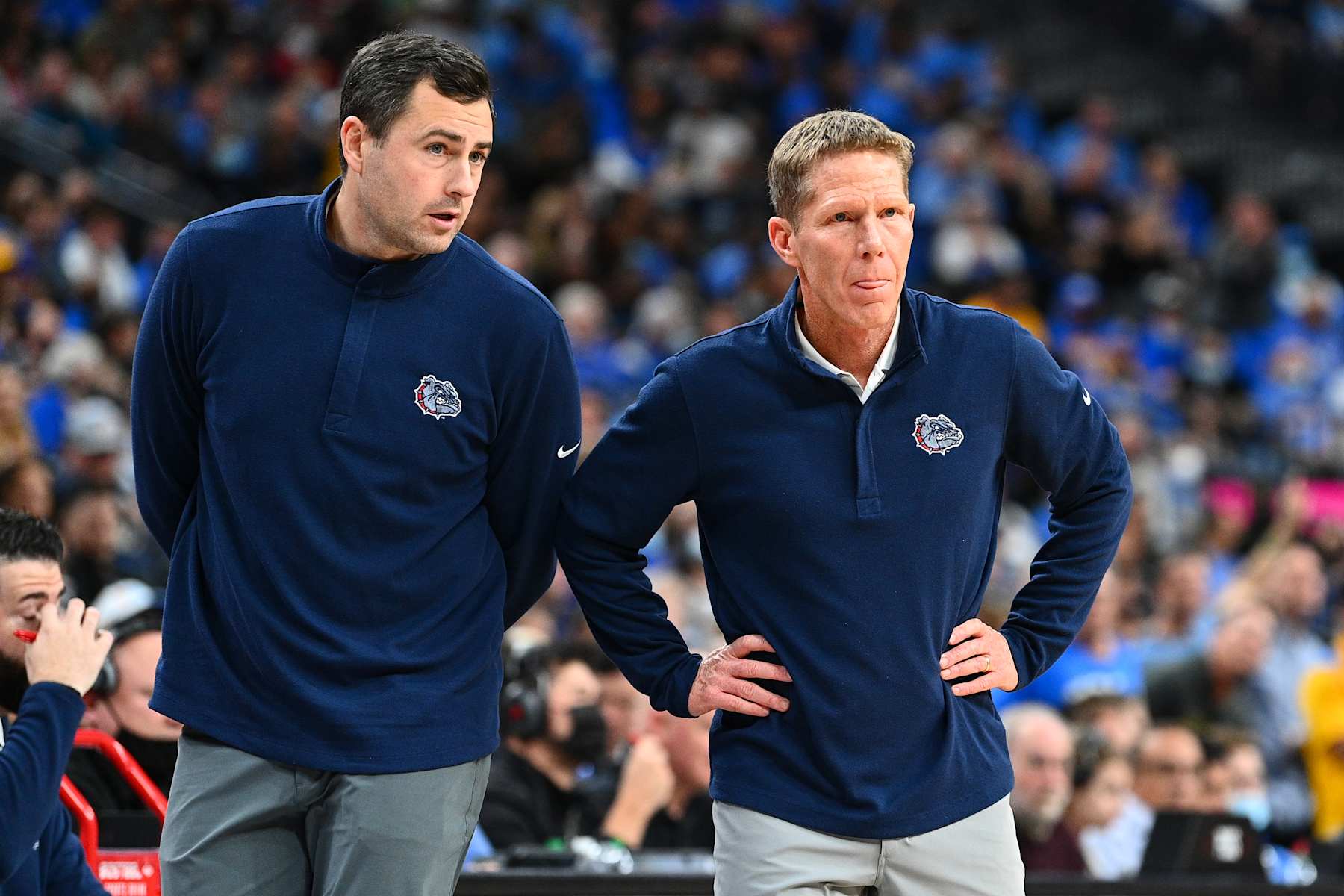 LAS VEGAS, NV - NOVEMBER 23: Gonzaga head coach Mark Few looks on with assistant coach Brian Michaelson during the Empire Classic tournament college basketball game between the Gonzaga Bulldogs and the UCLA Bruins on November 23, 2021, at the T-Mobile Arena in Las Vegas, NV. (Photo by Brian Rothmuller/Icon Sportswire via Getty Images)