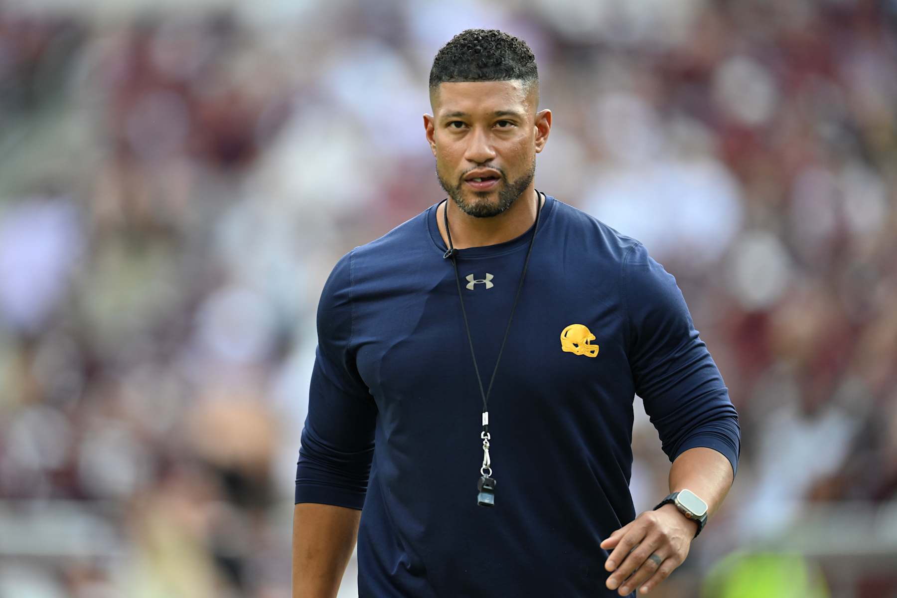 COLLEGE STATION, TEXAS - AUGUST 31: Head coach Marcus Freeman looks on prior to the game against the Texas A&M Aggies at Kyle Field on August 31, 2024 in College Station, Texas. (Photo by Jack Gorman/Getty Images)