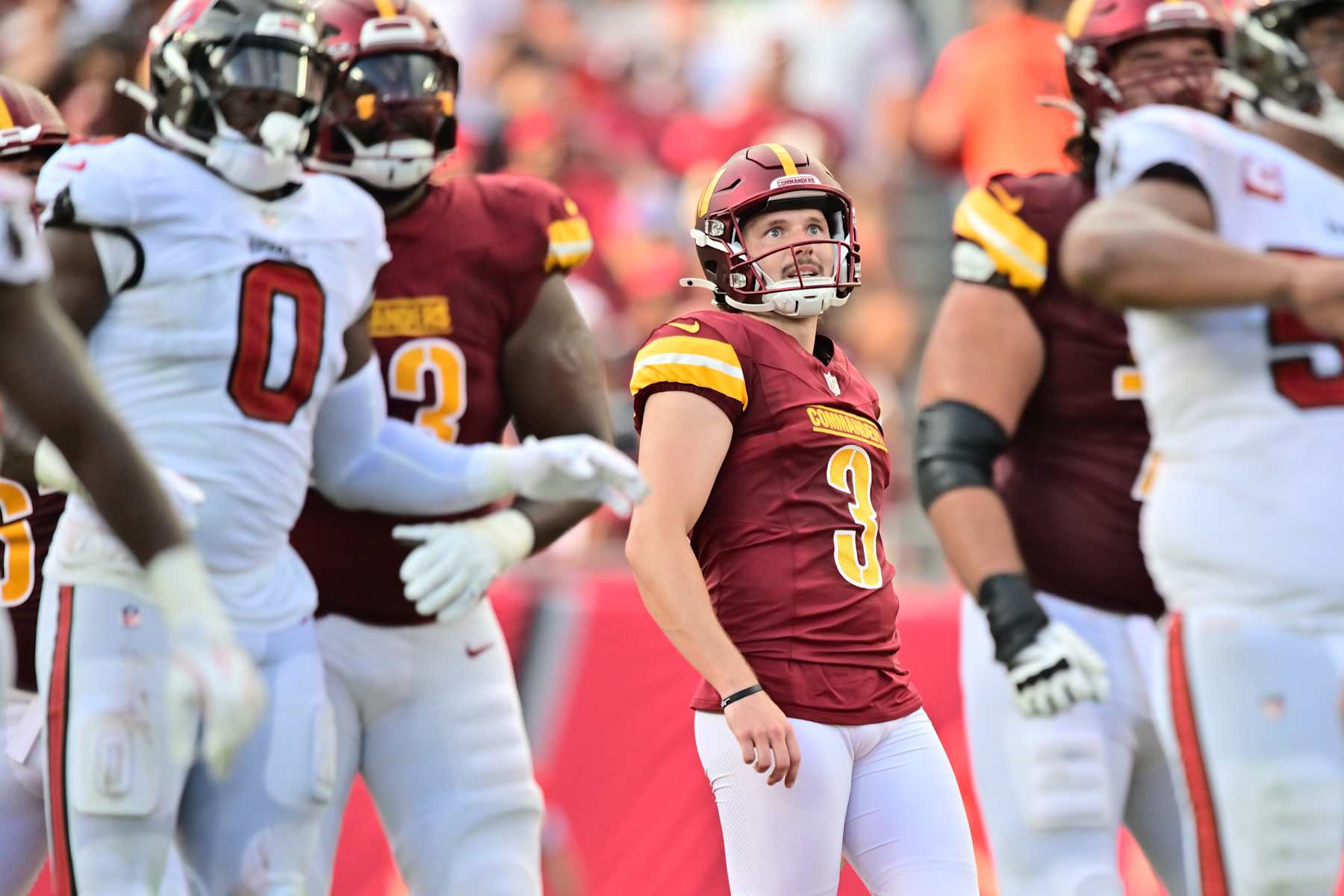 TAMPA, FLORIDA - SEPTEMBER 08: Cade York #3 of the Washington Commanders reacts as he watches his field goal attempt miss in the third quarter of the game against the Tampa Bay Buccaneers at Raymond James Stadium on September 08, 2024 in Tampa, Florida. (Photo by Julio Aguilar/Getty Images)