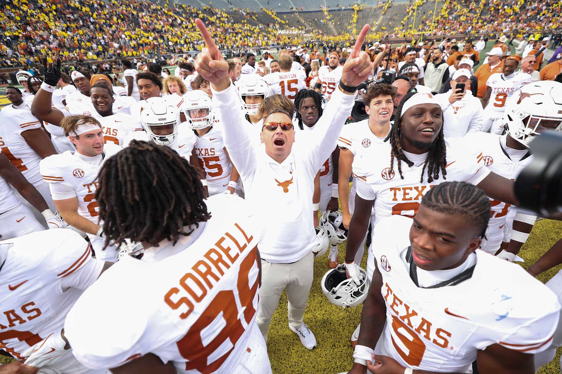 ANN ARBOR, MICHIGAN - SEPTEMBER 07: Head coach Steve Sarkisian of the Texas Longhorns celebrates with his team after a 31-12 victory against the Michigan Wolverines at Michigan Stadium on September 07, 2024 in Ann Arbor, Michigan. (Photo by Gregory Shamus/Getty Images)