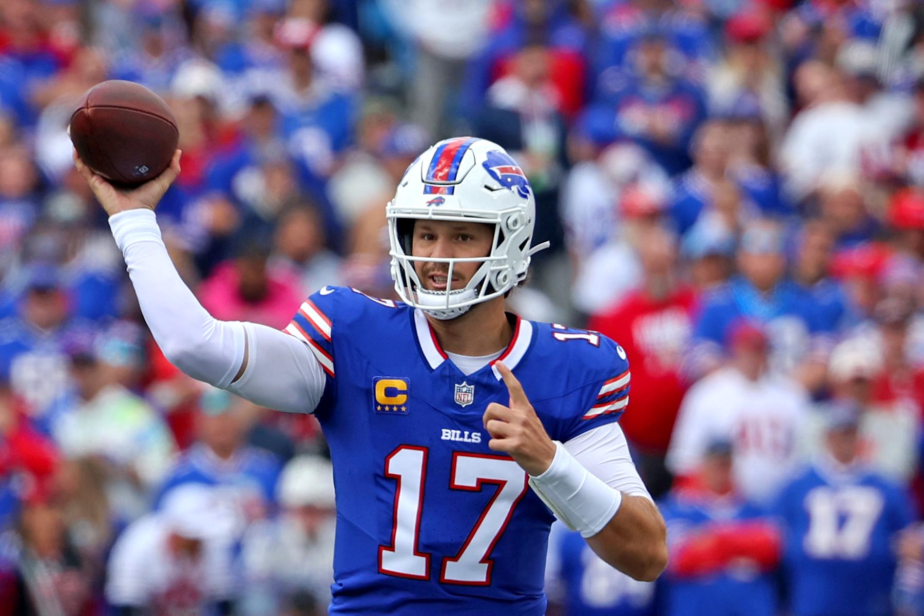 ORCHARD PARK, NEW YORK - SEPTEMBER 08: Josh Allen #17 of the Buffalo Bills attempts a pass during the first quarter against the Arizona Cardinals at Highmark Stadium on September 08, 2024 in Orchard Park, New York. (Photo by Timothy T Ludwig/Getty Images)