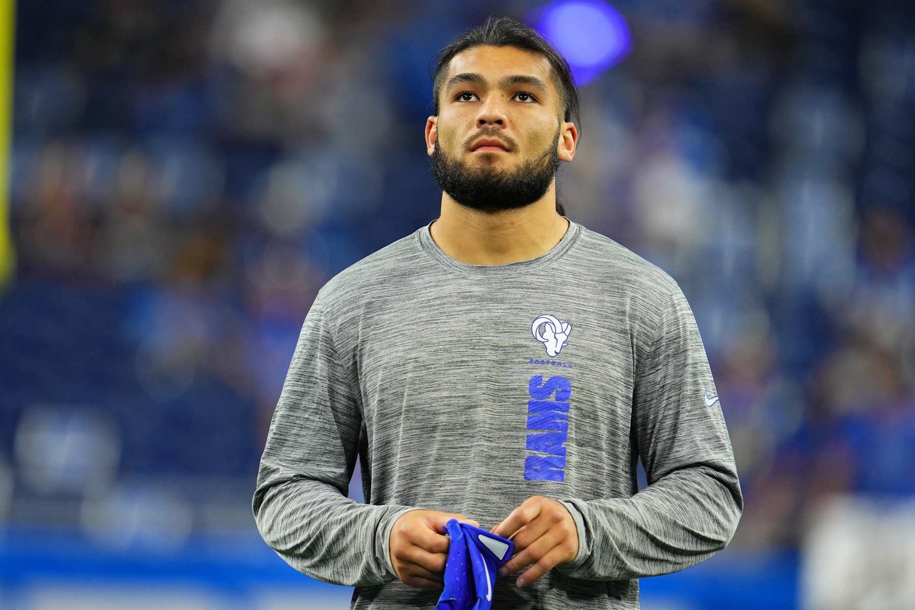 DETROIT, MI - SEPTEMBER 08: Puka Nacua #17 of the Los Angeles Rams warms up before kickoff against the Detroit Lions during an football game at Ford Field on September 8, 2024 in Detroit, Michigan. (Photo by Cooper Neill/Getty Images)