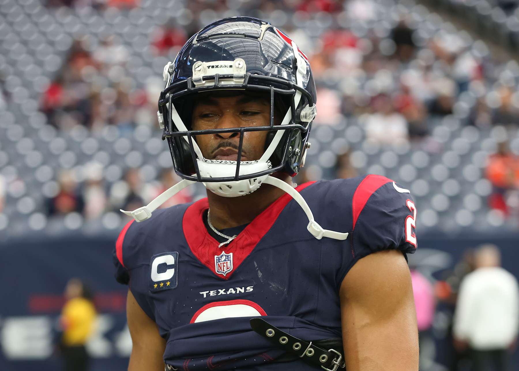 HOUSTON, TX - JANUARY 13: Houston Texans wide receiver Robert Woods (2) warms up during the AFC Wild Card game between the Cleveland Browns and Houston Texans on January 13, 2024 at NRG Stadium in Houston, Texas. (Photo by Leslie Plaza Johnson/Icon Sportswire via Getty Images)