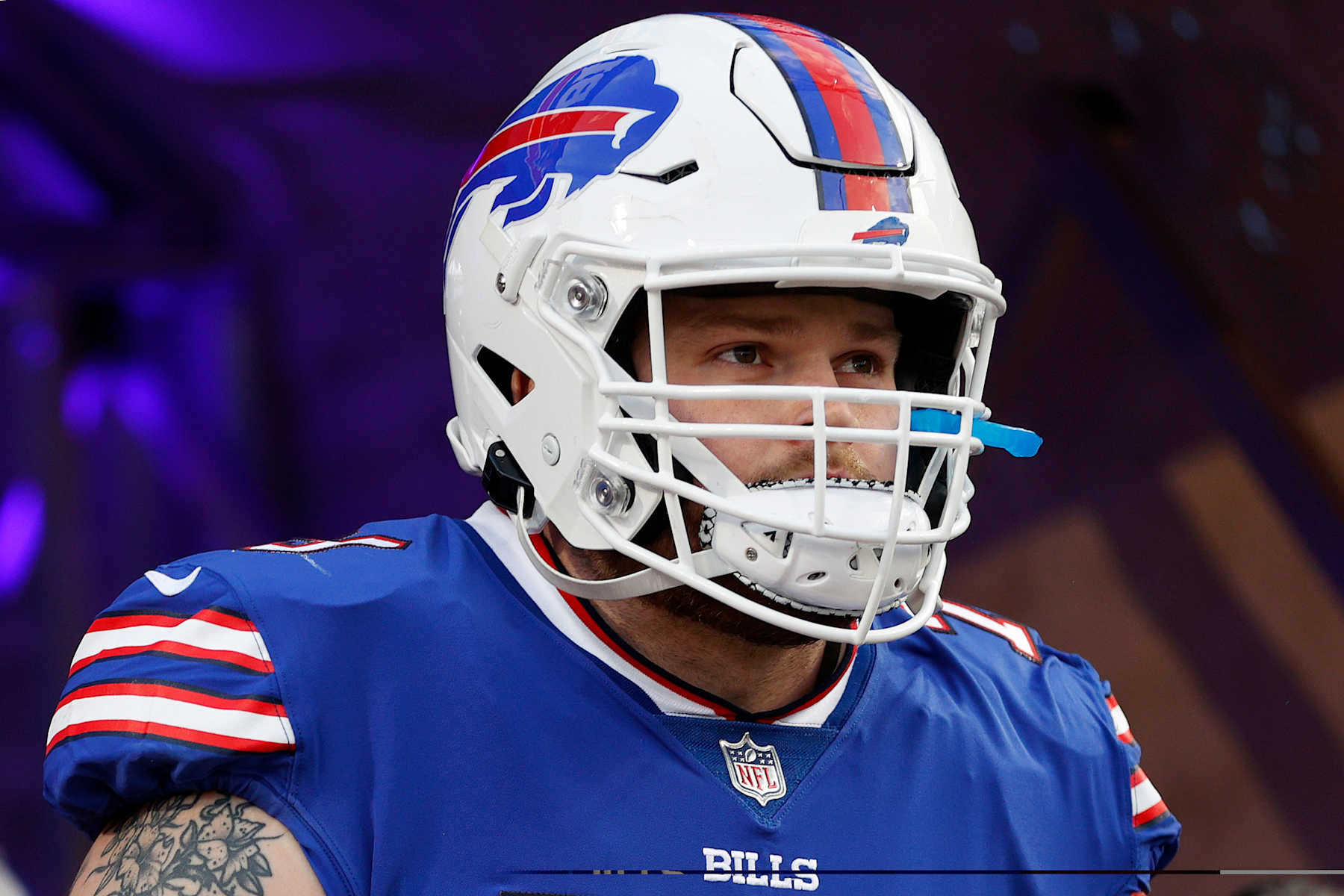 ORCHARD PARK, NEW YORK - JANUARY 15: Spencer Brown #79 of the Buffalo Bills takes the field before the game against the Pittsburgh Steelers at Highmark Stadium on January 15, 2024 in Orchard Park, New York. (Photo by Sarah Stier/Getty Images)