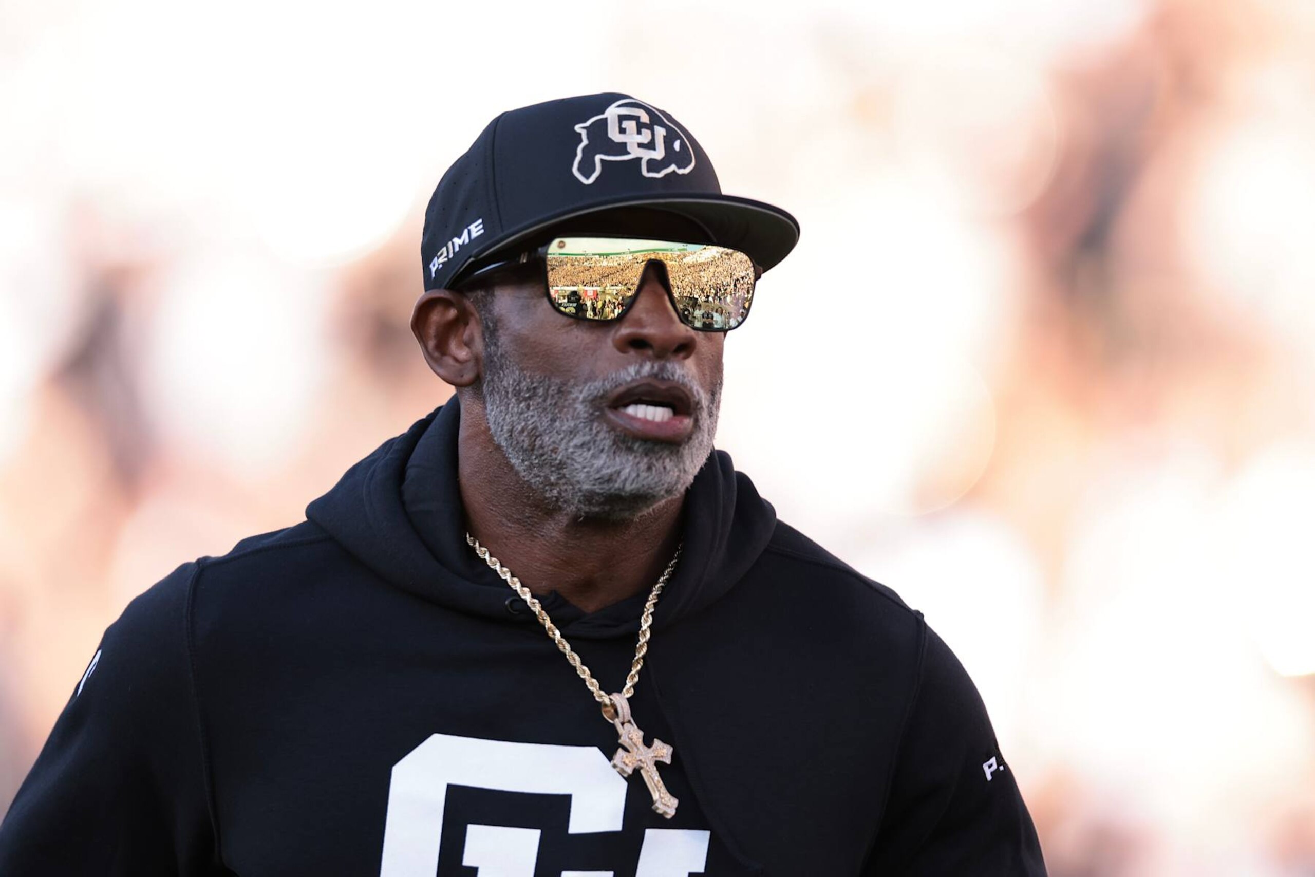 BOULDER, COLORADO - AUGUST 29: Head coach Deion Sanders of the Colorado Buffaloes runs onto the field prior to the game against the North Dakota State Bison at Folsom Field on August 29, 2024 in Boulder, Colorado. (Photo by Andrew Wevers/Getty Images)