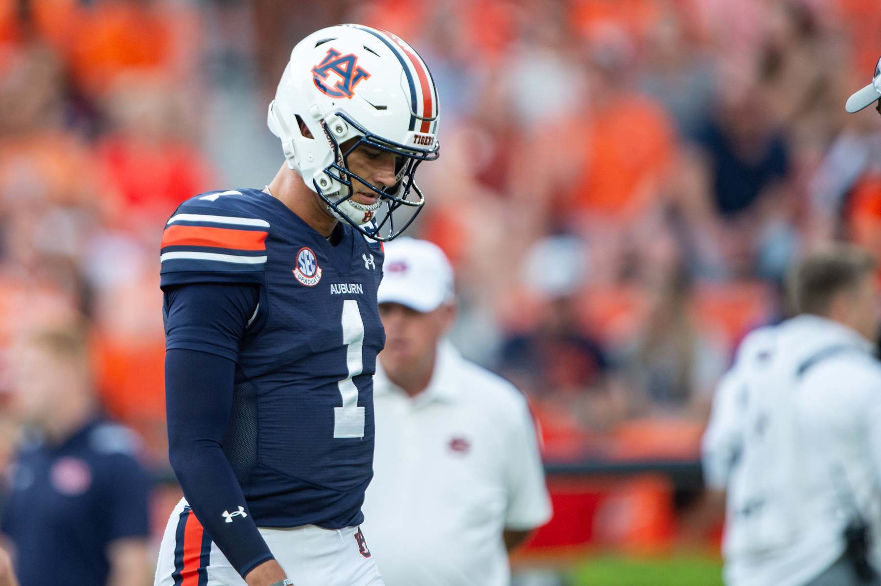 AUBURN, ALABAMA - AUGUST 31: Quarterback Payton Thorne #1 of the Auburn Tigers prior to the game against the Alabama A&M Bulldogs at Jordan-Hare Stadium on August 31, 2024 in Auburn, Alabama. (Photo by Michael Chang/Getty Images)