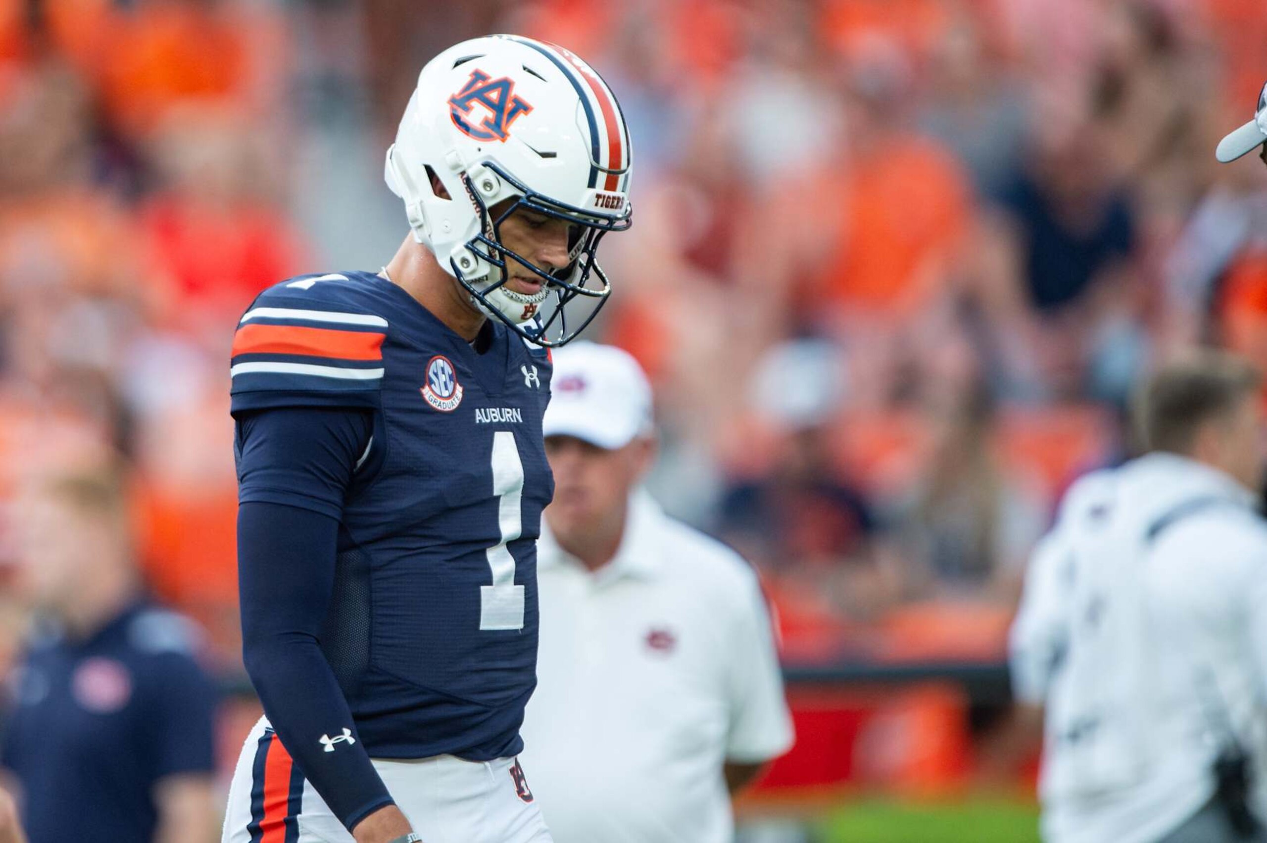 AUBURN, ALABAMA - AUGUST 31: Quarterback Payton Thorne #1 of the Auburn Tigers prior to the game against the Alabama A&M Bulldogs at Jordan-Hare Stadium on August 31, 2024 in Auburn, Alabama. (Photo by Michael Chang/Getty Images) AUBURN, ALABAMA - AUGUST 31: Quarterback Payton Thorne #1 of the Auburn Tigers prior to the game against the Alabama A&M Bulldogs at Jordan-Hare Stadium on August 31, 2024 in Auburn, Alabama. (Photo by Michael Chang/Getty Images)