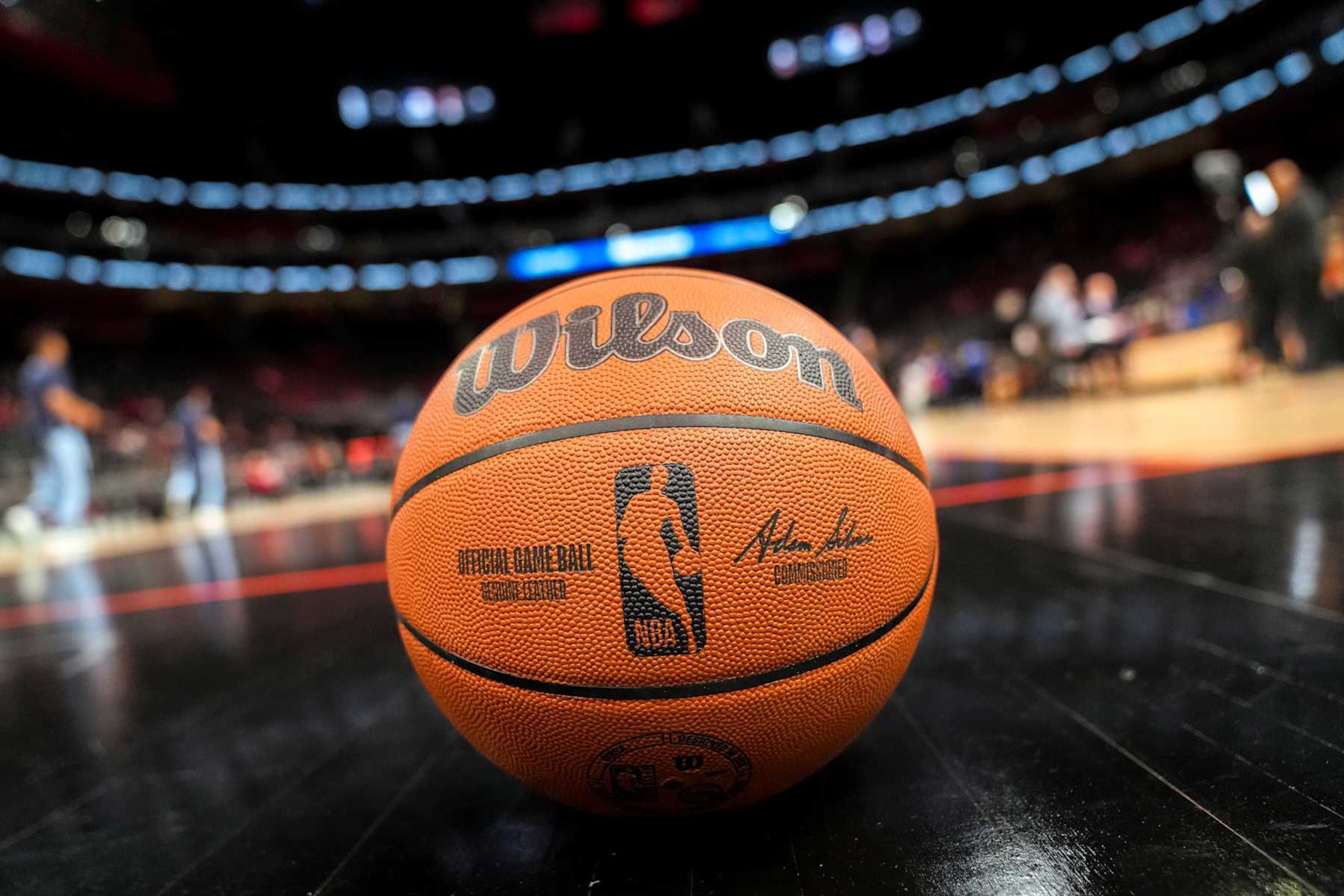 DETROIT, MICHIGAN - APRIL 01: A Wilson brand NBA official game ball is pictured before the game between the Detroit Pistons and Memphis Grizzlies at Little Caesars Arena on April 01, 2024 in Detroit, Michigan. NOTE TO USER: User expressly acknowledges and agrees that, by downloading and or using this photograph, User is consenting to the terms and conditions of the Getty Images License Agreement. (Photo by Nic Antaya/Getty Images)