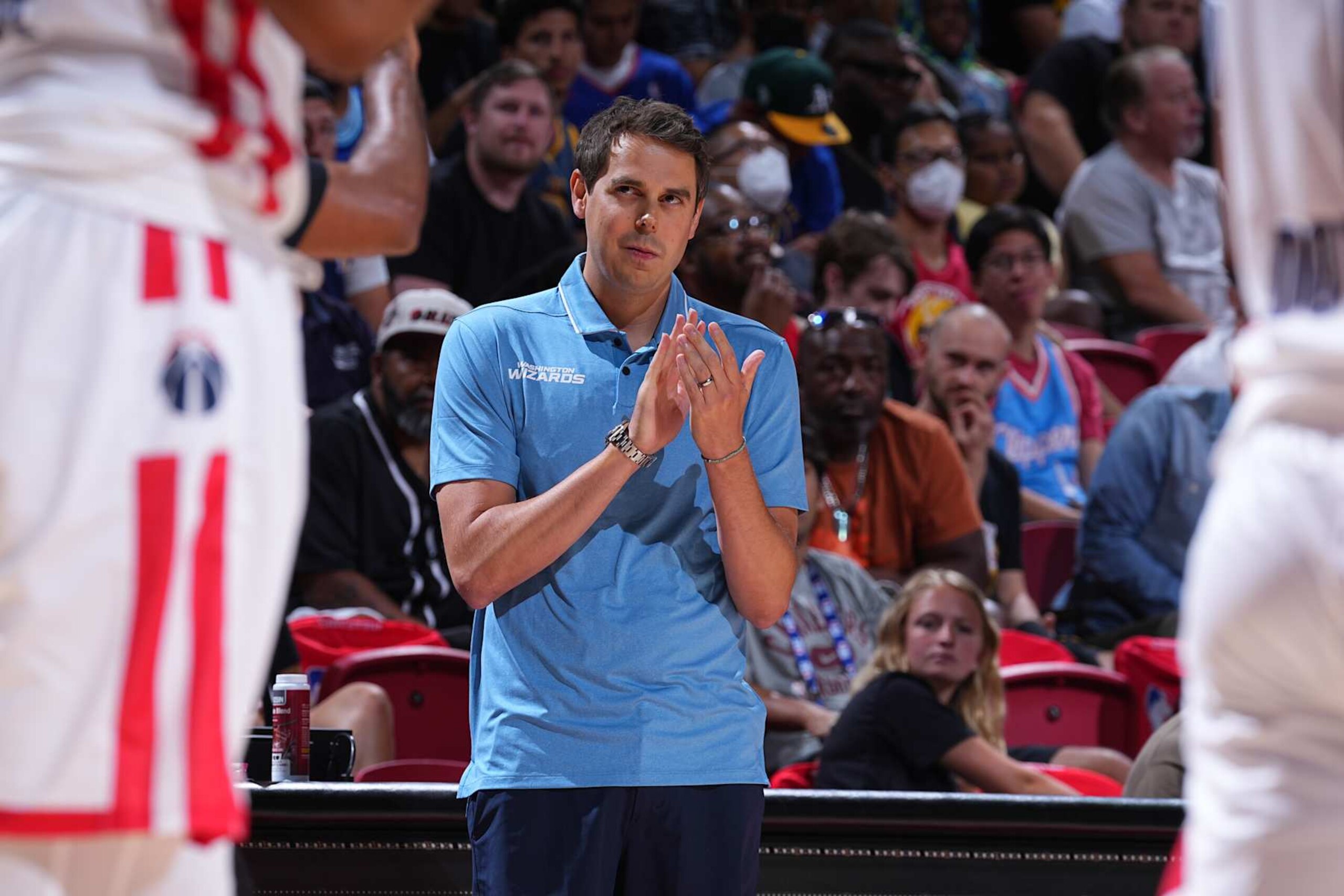 Las Vegas, NV - JULY 9: Zach Guthrie coach of the Washington Wizards looks on during the game against the Detroit Pistons during the 2022 Las Vegas Summer League on July 9, 2022 at the Thomas & Mack Center in Las Vegas, Nevada. NOTE TO USER: User expressly acknowledges and agrees that, by downloading and/or using this Photograph, user is consenting to the terms and conditions of the Getty Images License Agreement. Mandatory Copyright Notice: Copyright 2022 NBAE (Photo by Bart Young/NBAE via Getty Images) Las Vegas, NV - JULY 9: Zach Guthrie coach of the Washington Wizards looks on during the game against the Detroit Pistons during the 2022 Las Vegas Summer League on July 9, 2022 at the Thomas & Mack Center in Las Vegas, Nevada. NOTE TO USER: User expressly acknowledges and agrees that, by downloading and/or using this Photograph, user is consenting to the terms and conditions of the Getty Images License Agreement. Mandatory Copyright Notice: Copyright 2022 NBAE (Photo by Bart Young/NBAE via Getty Images)