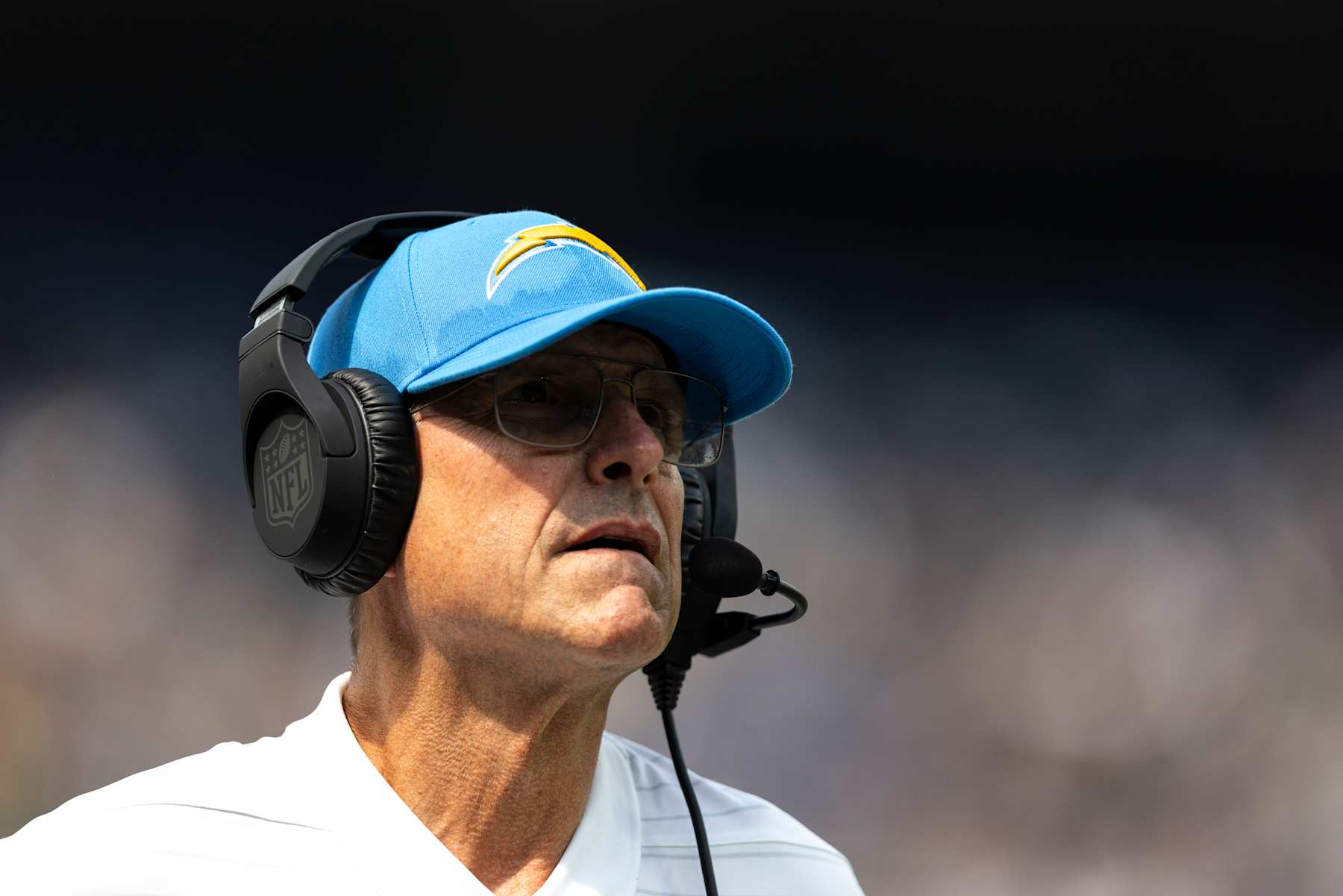 INGLEWOOD, CALIFORNIA - SEPTEMBER 08: Head coach Jim Harbaugh of the Los Angeles Chargers looks on during an NFL football game between the Los Angeles Chargers and the Las Vegas Raiders at SoFi Stadium on September 08, 2024 in Inglewood, California. (Photo by Michael Owens/Getty Images)