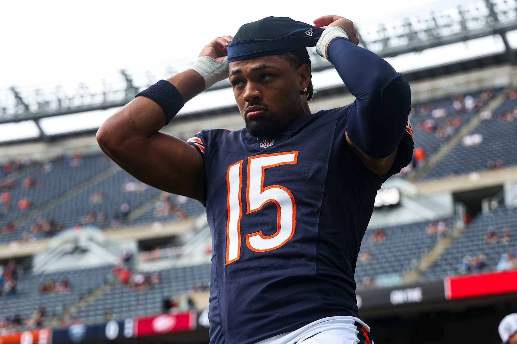 CHICAGO, IL - AUGUST 17: Rome Odunze #15 of the Chicago Bears warms up prior to an NFL football game against the Cincinnati Bengals at Solider Field on August 17, 2024 in Chicago, Illinois. (Photo by Perry Knotts/Getty Images)