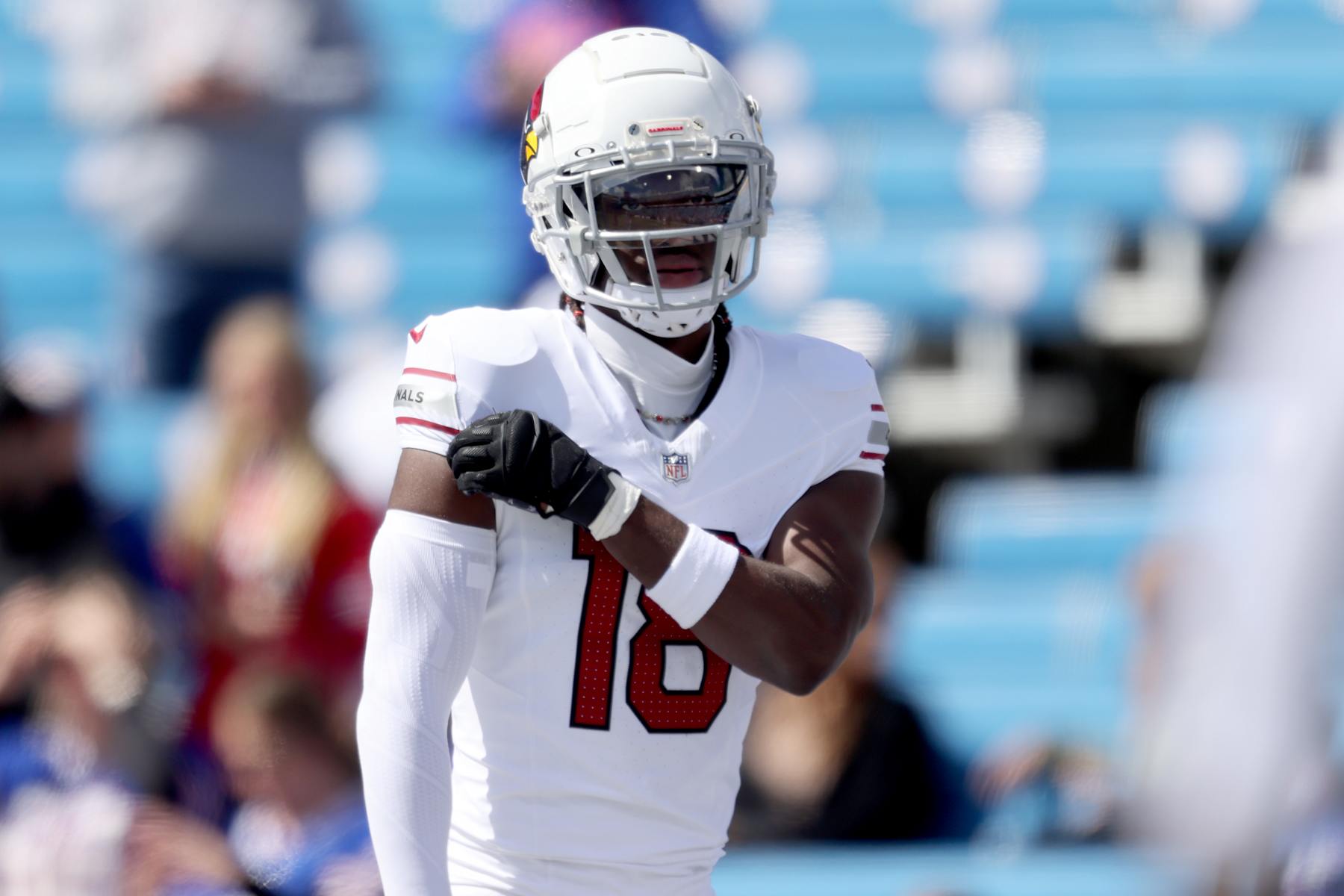 ORCHARD PARK, NEW YORK - SEPTEMBER 08: Marvin Harrison Jr. #18 of the Arizona Cardinals looks on prior to a game against the Buffalo Bills at Highmark Stadium on September 08, 2024 in Orchard Park, New York. (Photo by Bryan Bennett/Getty Images)
