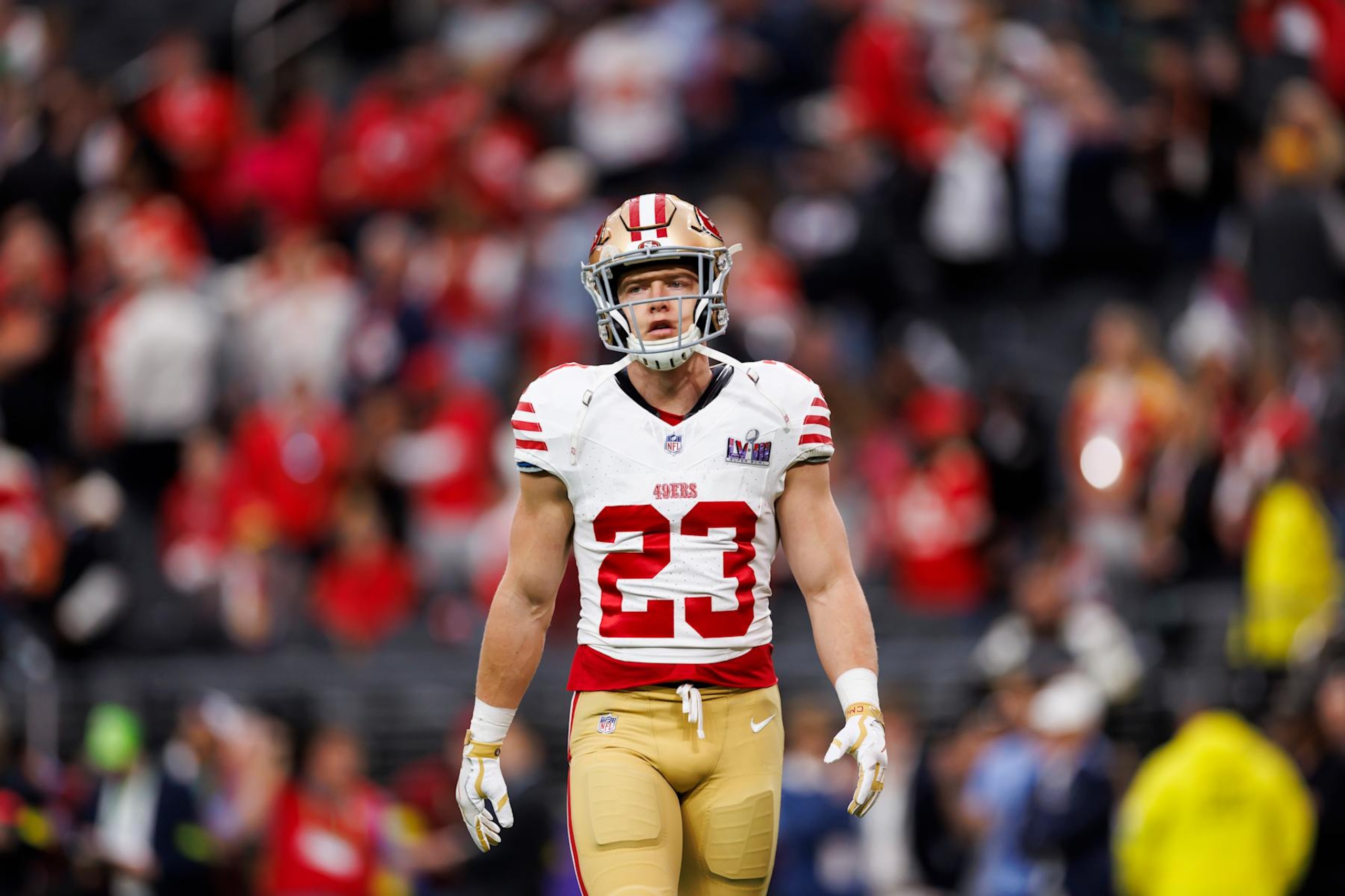 LAS VEGAS, NEVADA - FEBRUARY 11: Christian McCaffrey #23 of the San Francisco 49ers looks on during pregame warmups before Super Bowl LVIII against the Kansas City Chiefs at Allegiant Stadium on February 11, 2024 in Las Vegas, Nevada. (Photo by Ryan Kang/Getty Images)