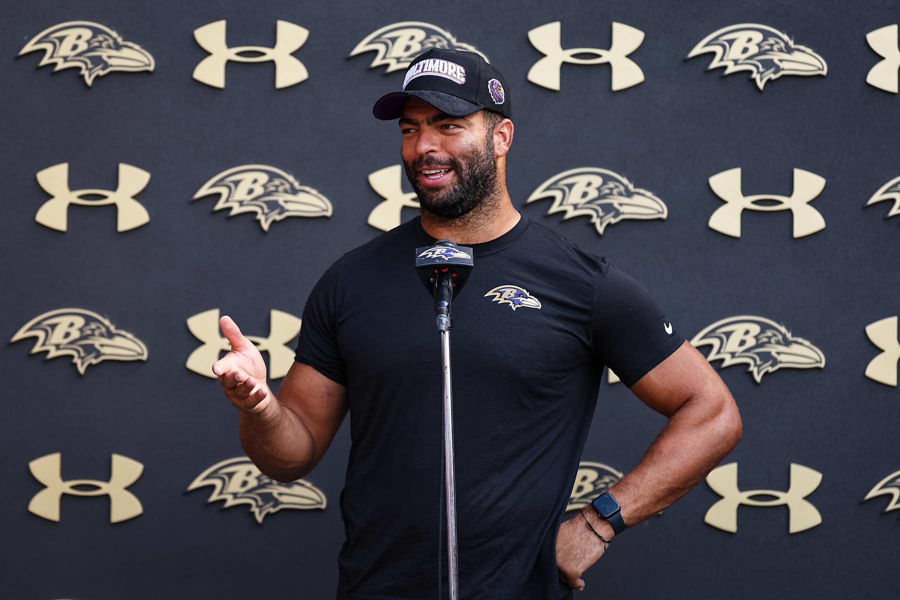 OWINGS MILLS, MD - AUGUST 12: Kyle Van Noy #53 of the Baltimore Ravens addresses the media during training camp at Under Armour Performance Center Baltimore Ravens on August 12, 2024 in Owings Mills, Maryland. (Photo by Scott Taetsch/Getty Images)
