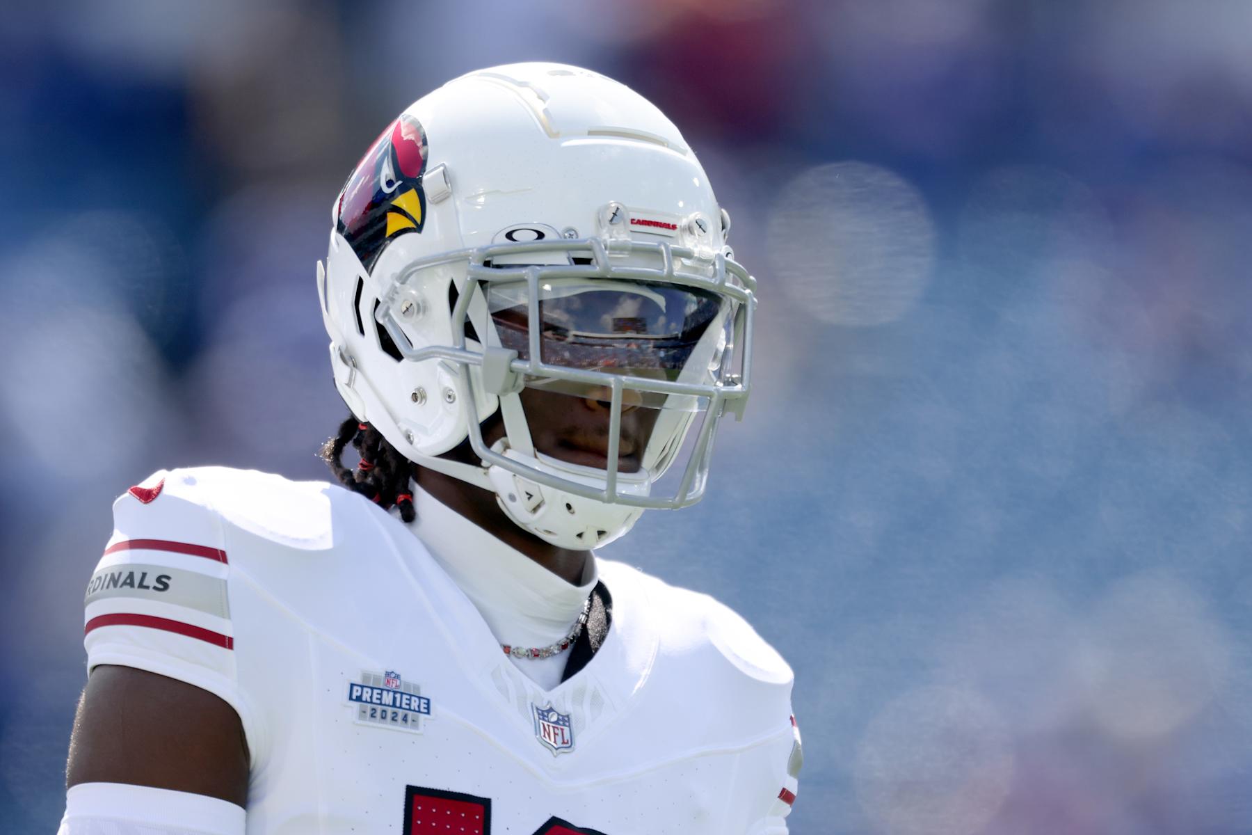 ORCHARD PARK, NEW YORK - SEPTEMBER 08: Marvin Harrison Jr. #18 of the Arizona Cardinals looks on prior to a game against the Buffalo Bills at Highmark Stadium on September 08, 2024 in Orchard Park, New York. (Photo by Bryan Bennett/Getty Images)