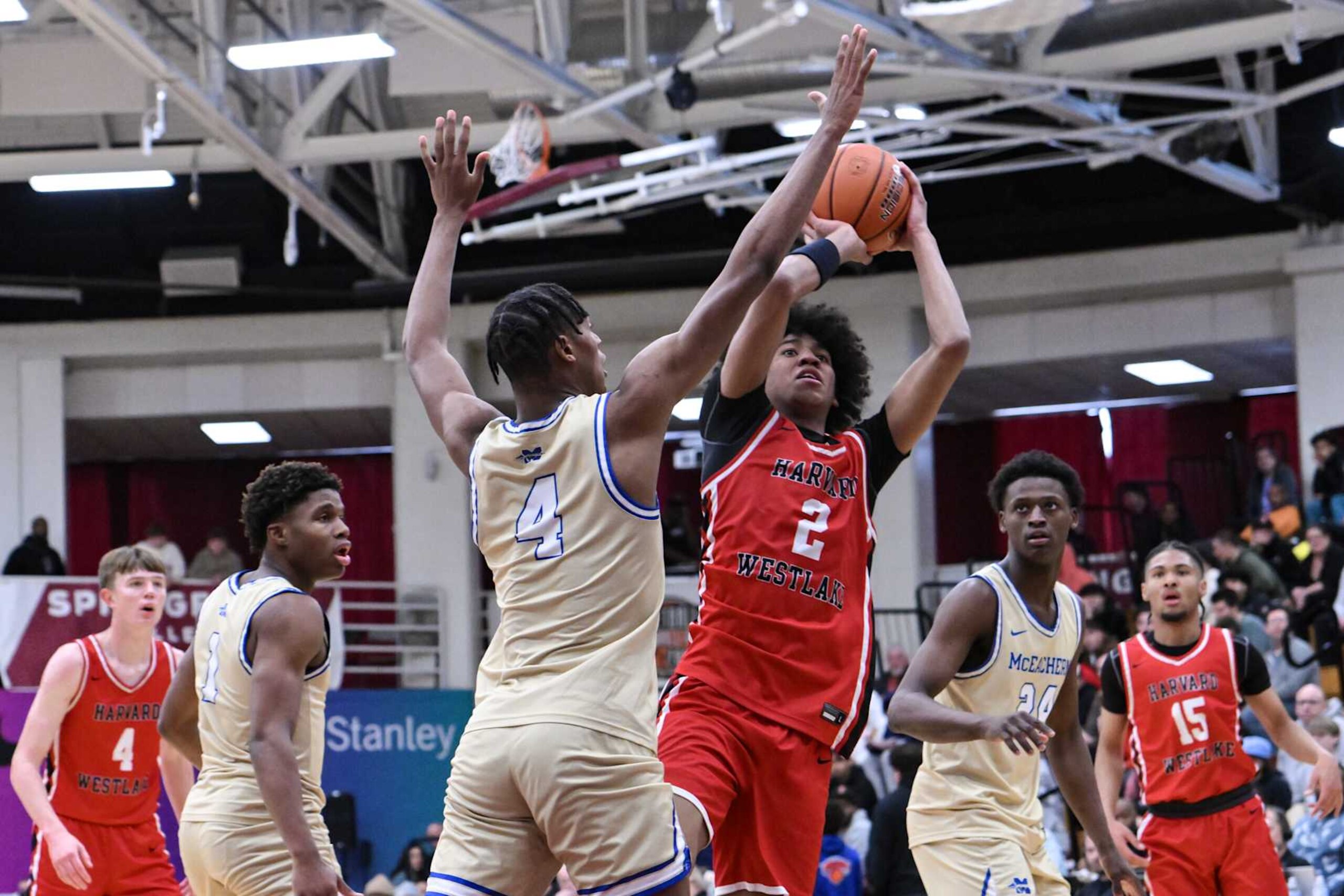 SPRINGFIELD, MA - JANUARY 15: Robert Hinton of Harvard Westlake (2) shoots the ball as Airious "Ace" Bailey of McEachern (4) defends during the first half of the Spalding Hoophall Classic high school basketball game between Harvard-Westlake and McEachern on January 15, 2024 at Blake Arena in Springfield, MA (Photo by John Jones/Icon Sportswire via Getty Images)