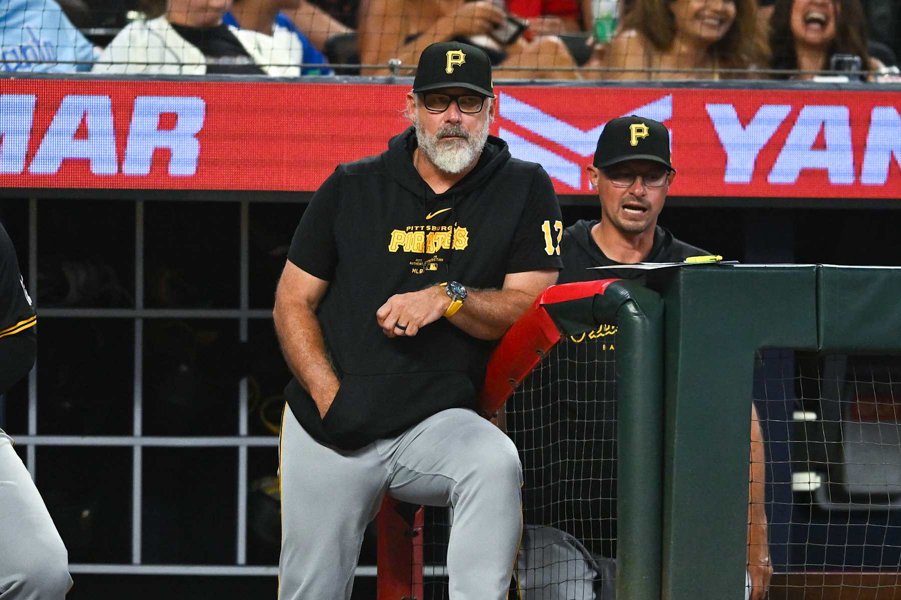 ATLANTA, GA  JUNE 28:  Pittsburgh manager Derek Shelton (17) looks on from the dugout during the MLB game between the Pittsburgh Pirates and the Atlanta Braves on June 28th, 2024 at Truist Park in Atlanta, GA. (Photo by Rich von Biberstein/Icon Sportswire via Getty Images)