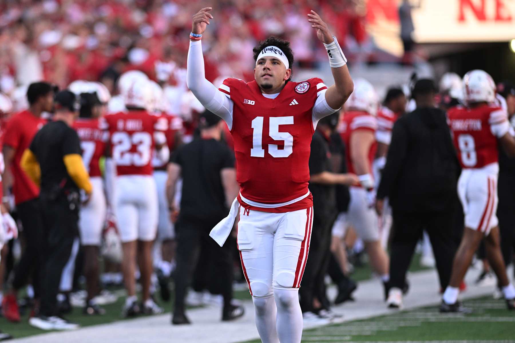 LINCOLN, NEBRASKA - SEPTEMBER 7: Dylan Raiola #15 of the Nebraska Cornhuskers warms up before the game against the Colorado Buffaloes at Memorial Stadium on September 7, 2024 in Lincoln, Nebraska. (Photo by Steven Branscombe/Getty Images)