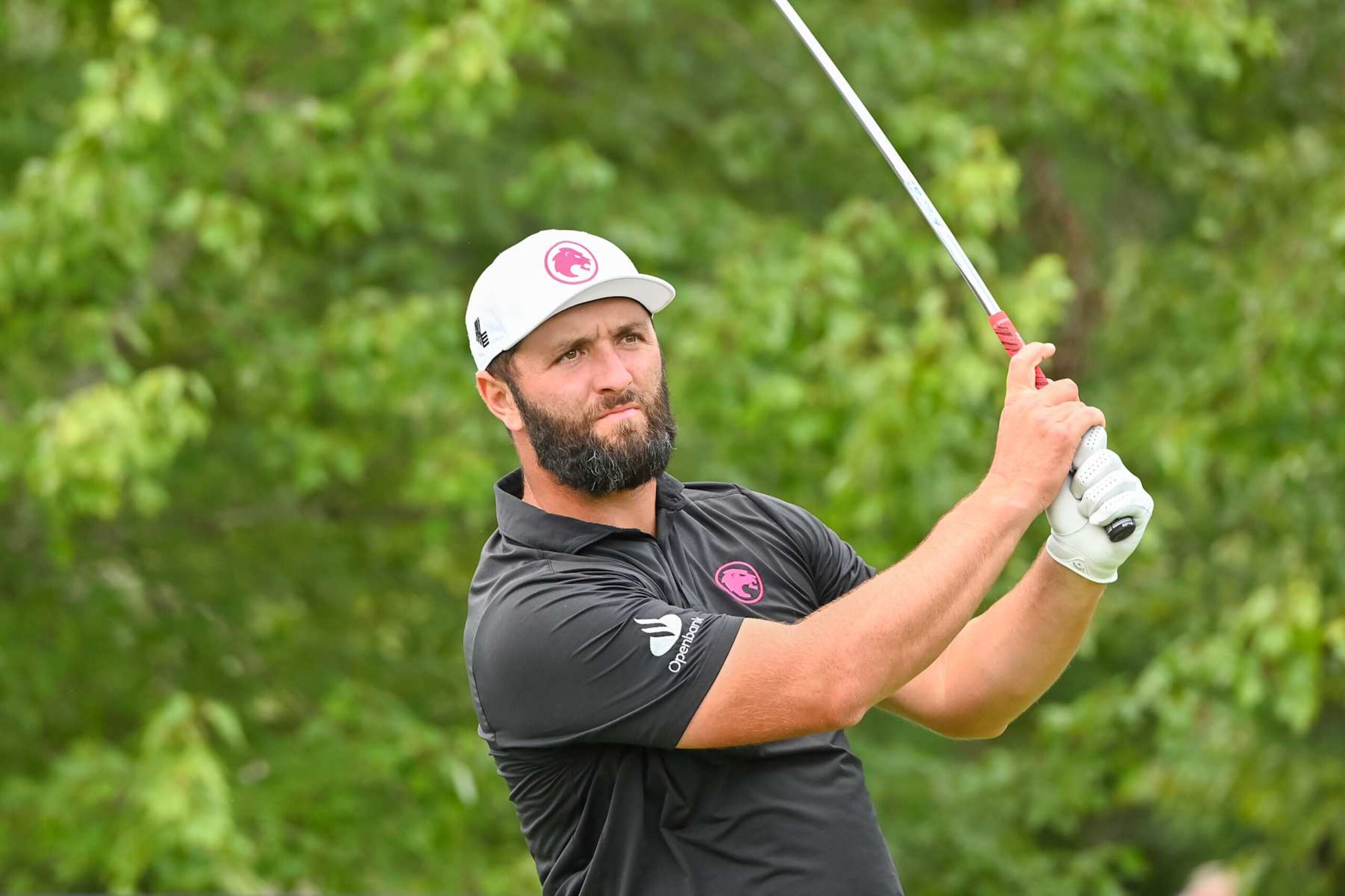 WHITE SULPHUR SPRINGS, WV - AUGUST 18: Legion XIII GC's Jon Rahm watches his shot from the fifth tee during the final round of LIV Golf Greenbrier tournament at The Greenbrier Resort on August 18, 2024, in White Sulphur Springs, WV.(Photo by Brian Bishop/Icon Sportswire via Getty Images)