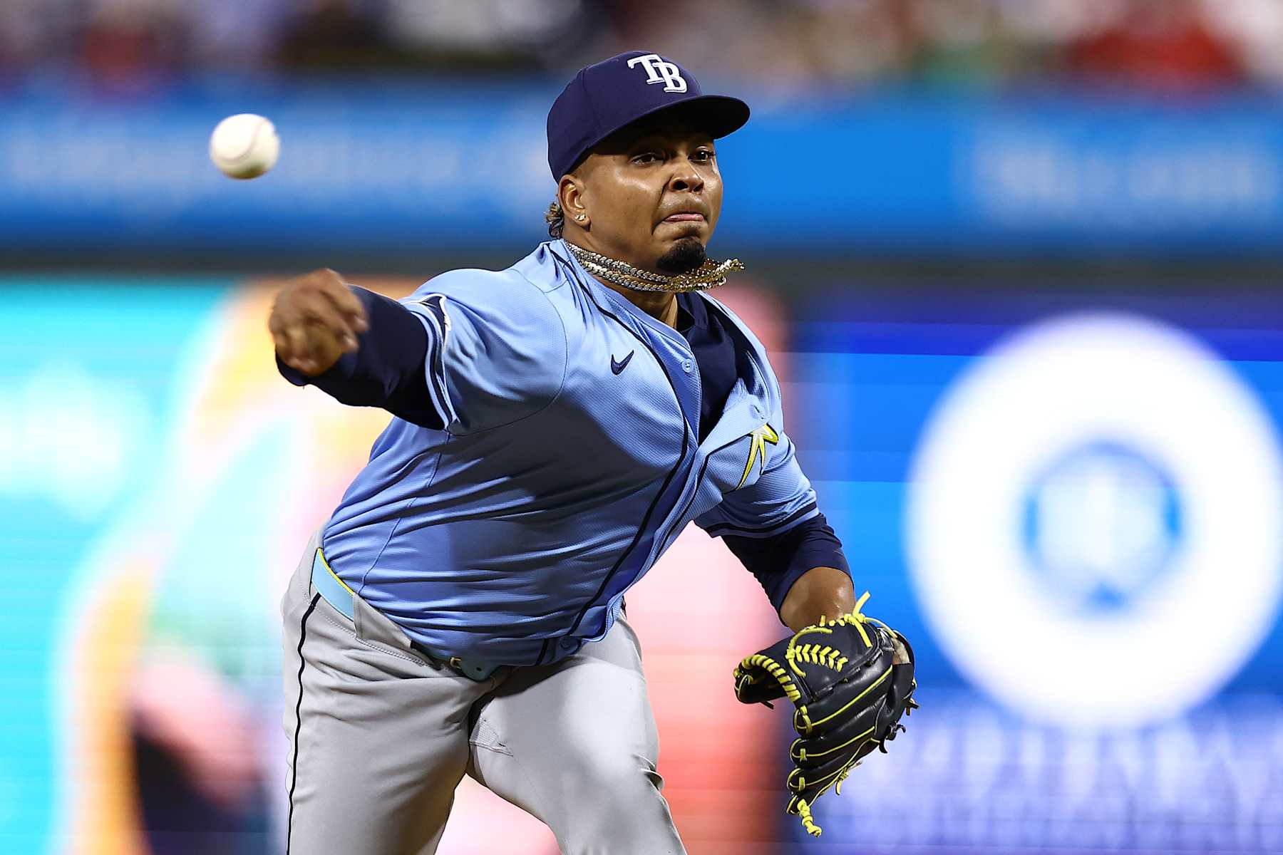 PHILADELPHIA, PENNSYLVANIA - SEPTEMBER 10: Edwin Uceta #63 of the Tampa Bay Rays pitches during the eighth inning against the Philadelphia Phillies at Citizens Bank Park on September 10, 2024 in Philadelphia, Pennsylvania. (Photo by Tim Nwachukwu/Getty Images)