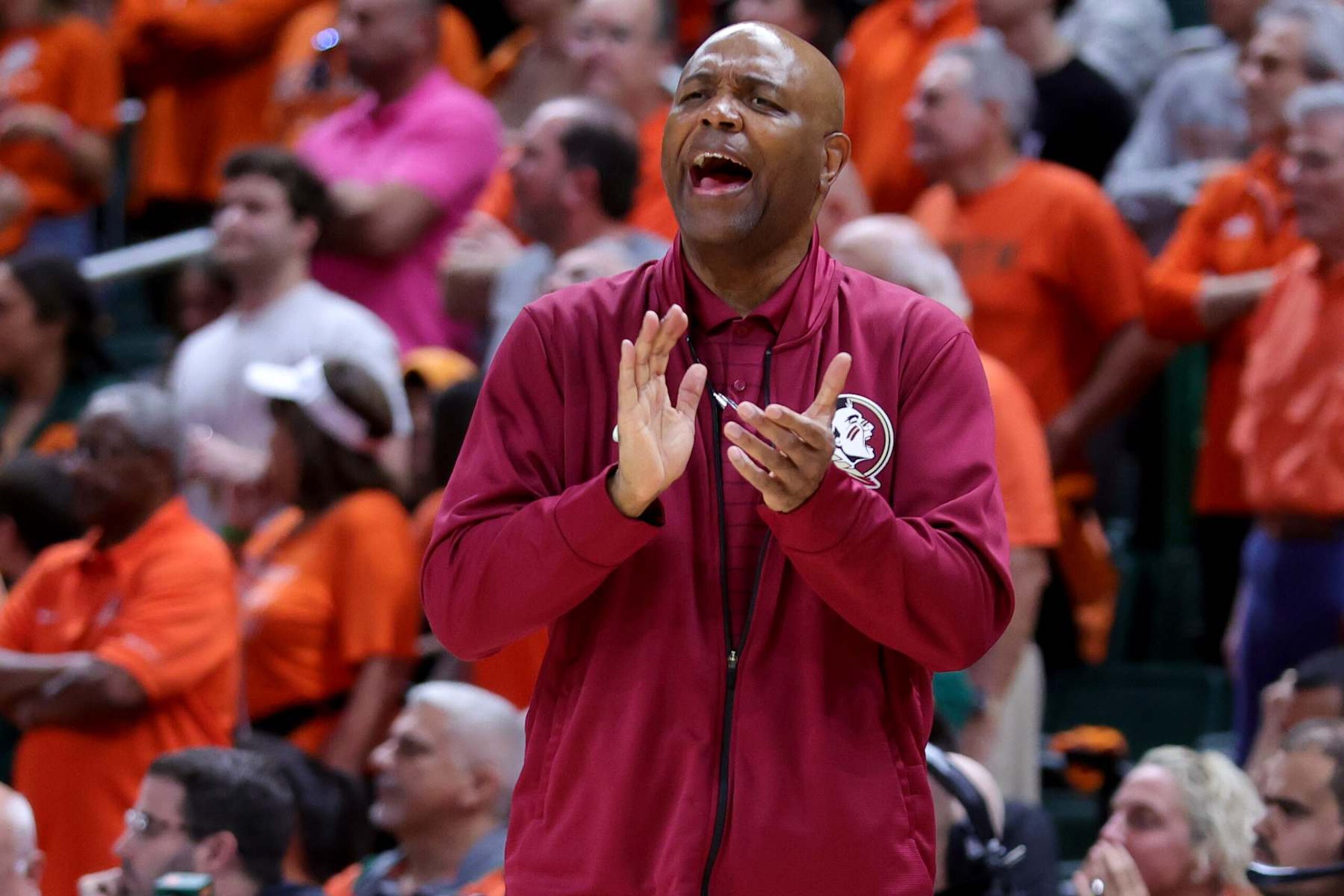 CORAL GABLES, FLORIDA - FEBRUARY 25: Head coach Leonard Hamilton of the Florida State Seminoles reacts during the second half of the game against the Miami (Fl) Hurricanes at Watsco Center on February 25, 2023 in Coral Gables, Florida. (Photo by Megan Briggs/Getty Images)