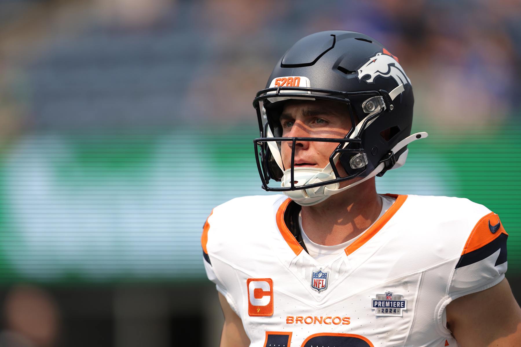 SEATTLE, WASHINGTON - SEPTEMBER 08: Bo Nix #10 of the Denver Broncos looks on prior to a game against the Seattle Seahawks at Lumen Field on September 08, 2024 in Seattle, Washington. (Photo by Rio Giancarlo/Getty Images)