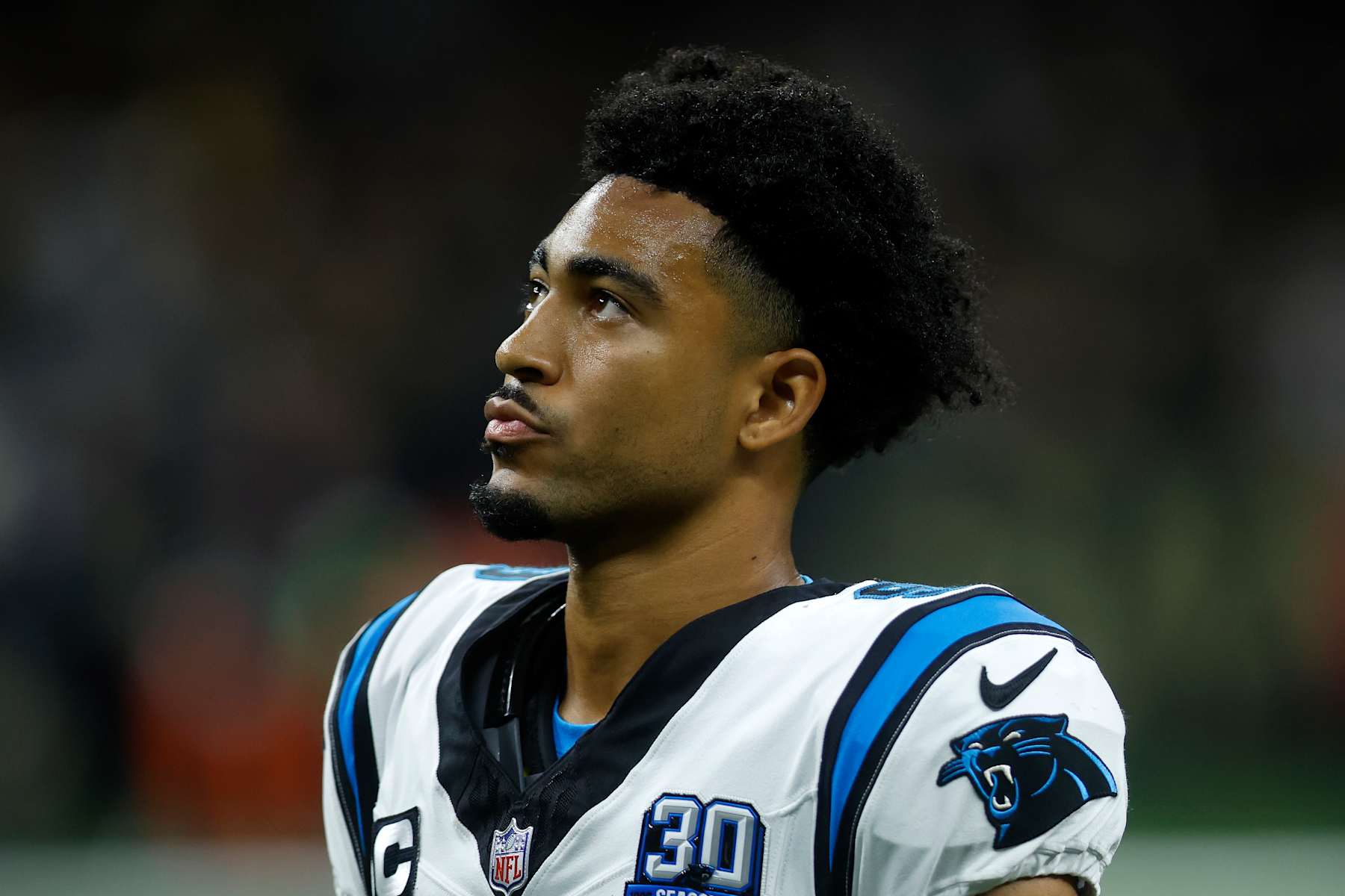 NEW ORLEANS, LOUISIANA - SEPTEMBER 08: Bryce Young #9 of the Carolina Panthers looks on during the game against the New Orleans Saints at Caesars Superdome on September 08, 2024 in New Orleans, Louisiana. (Photo by Chris Graythen/Getty Images)