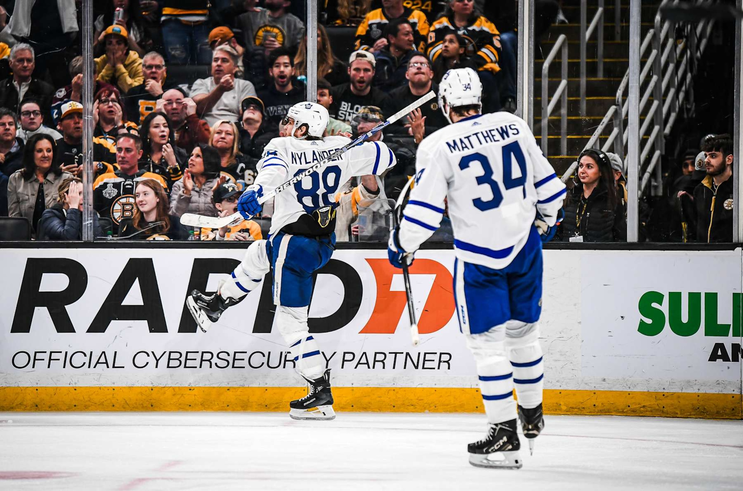 BOSTON, MASSACHUSETTS - MAY 04: William Nylander #88 of the Toronto Maple Leafs celebrates his third period goal with Auston Matthews #34 against the Boston Bruins in Game Seven of the First Round of the 2024 Stanley Cup Playoffs at TD Garden on May 04, 2024 in Boston, Massachusetts. (Photo by China Wong/NHLI via Getty Images)