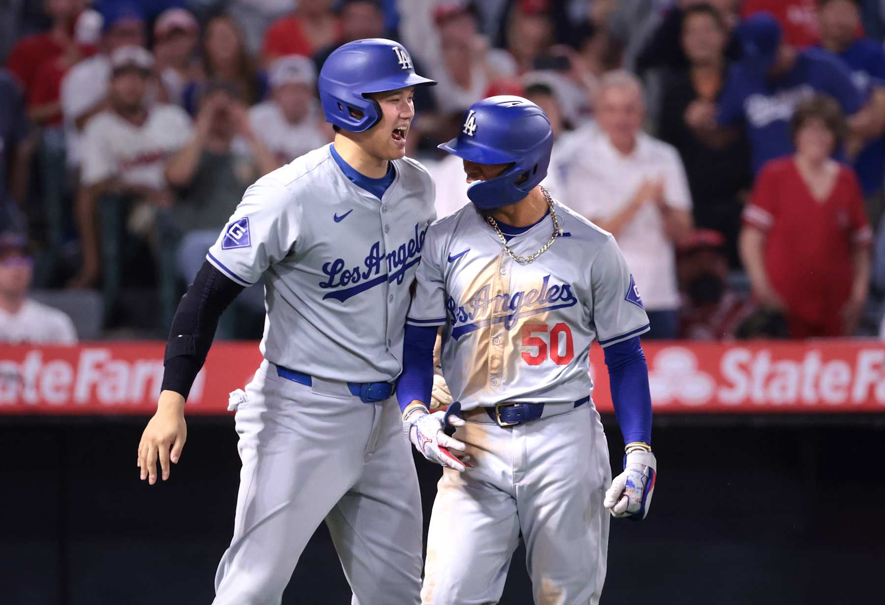 Anaheim, California September 3, 2024-Dodgers Mookie Betts, right, celebrates his three-run home run with Shohei Ohtani against the Angels in the tenth inning at Anaheim Stadium Tuesday. (Wally Skalij/Los Angeles Times via Getty Images)