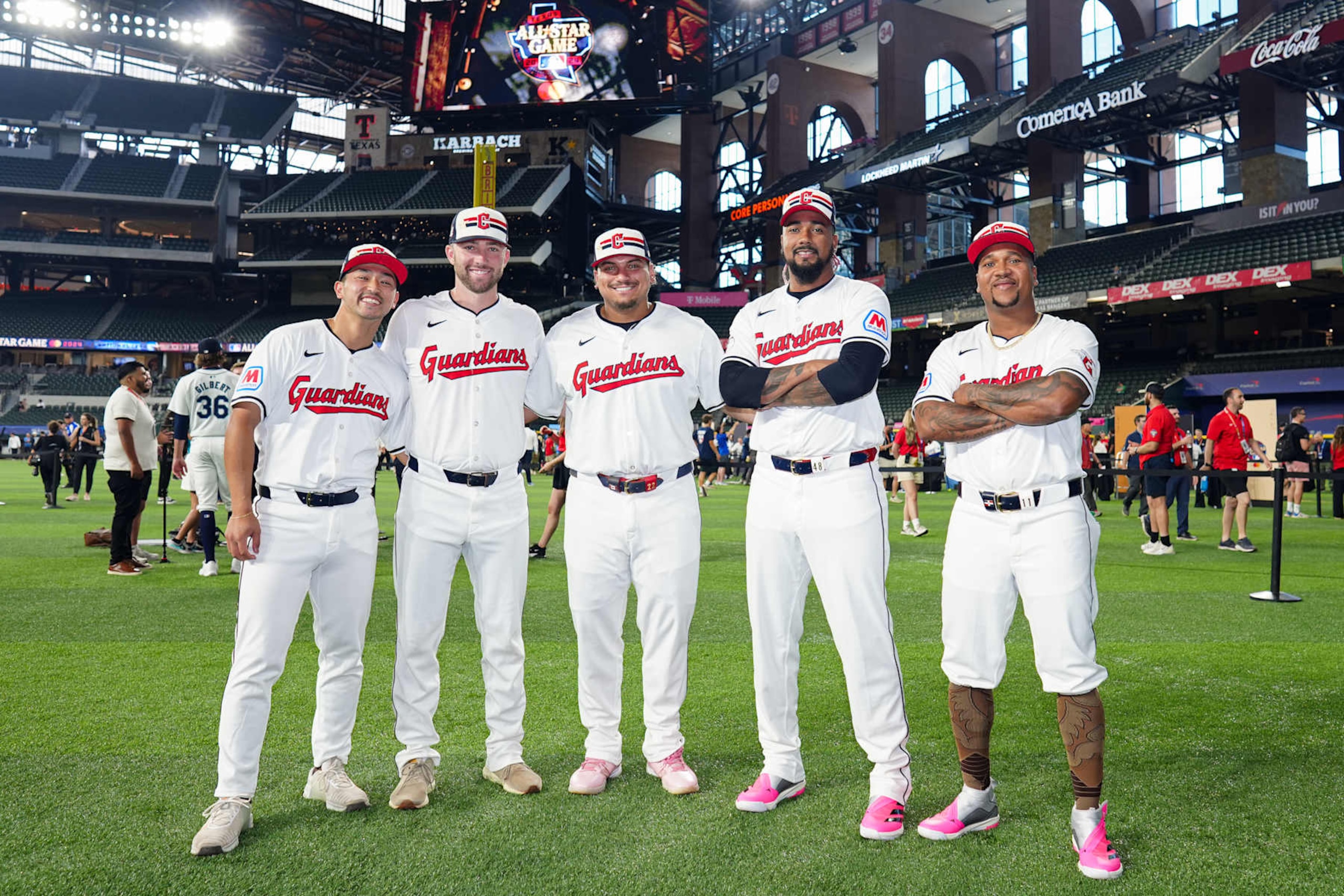 ARLINGTON, TX - JULY 15: Steven Kwan #38, David Fry #12, Josh Naylor #22, Emmanuel Clase #48 and Jose Ramirez #11 of the Cleveland Guardians pose for a photo during the 2024 Gatorade All-Star Workout Day at Globe Life Field on Monday, July 15, 2024 in Arlington, Texas. (Photo by Daniel Shirey/MLB Photos via Getty Images)