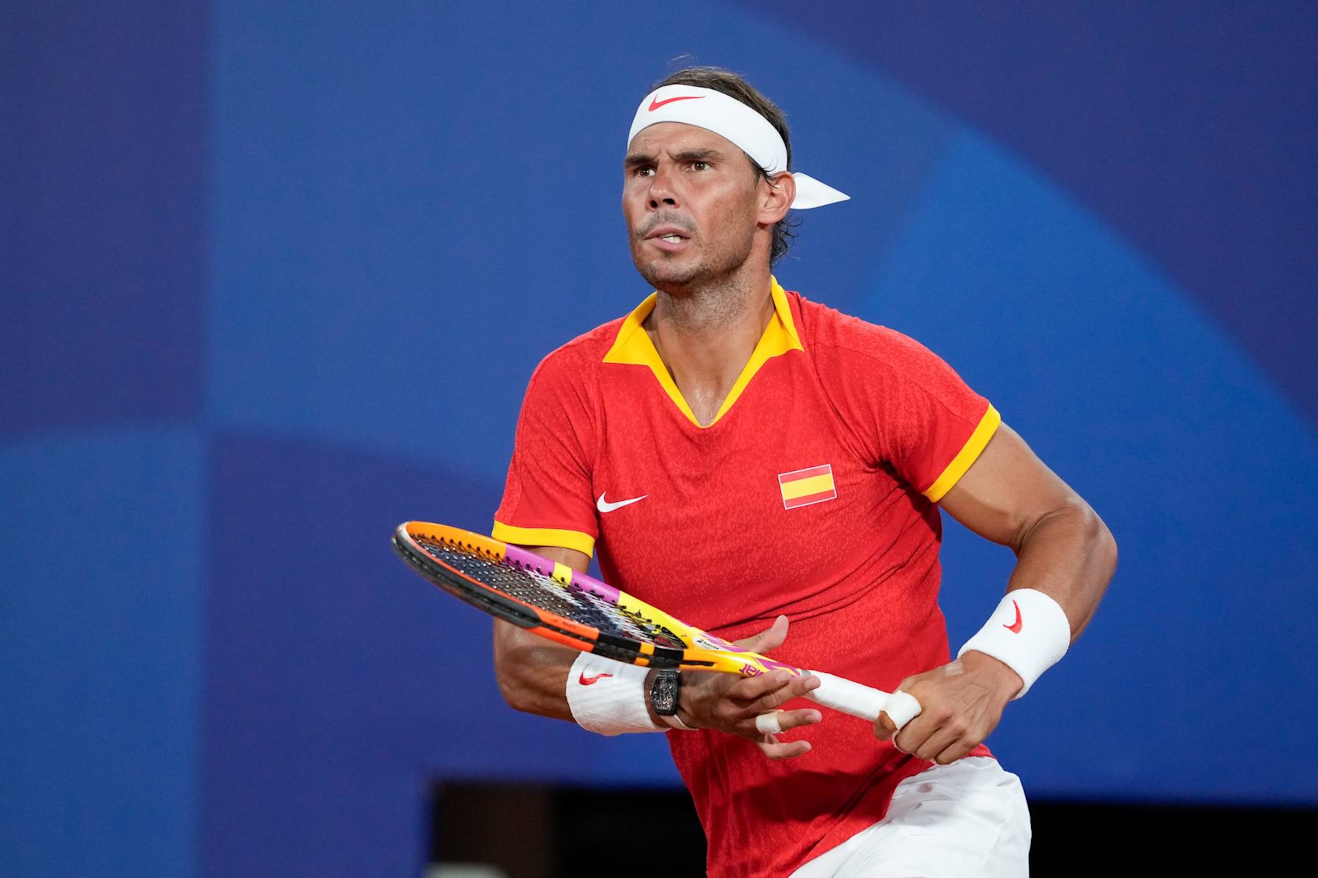 PARIS, FRANCE - JULY 31: Rafael Nadal of Spain during the Tennis Men's Double Quarterfinal on day five of the Olympic Games Paris 2024 at Roland Garros on July 31, 2024 in Paris, France. (Photo by Eurasia Sport Images/Getty Images)