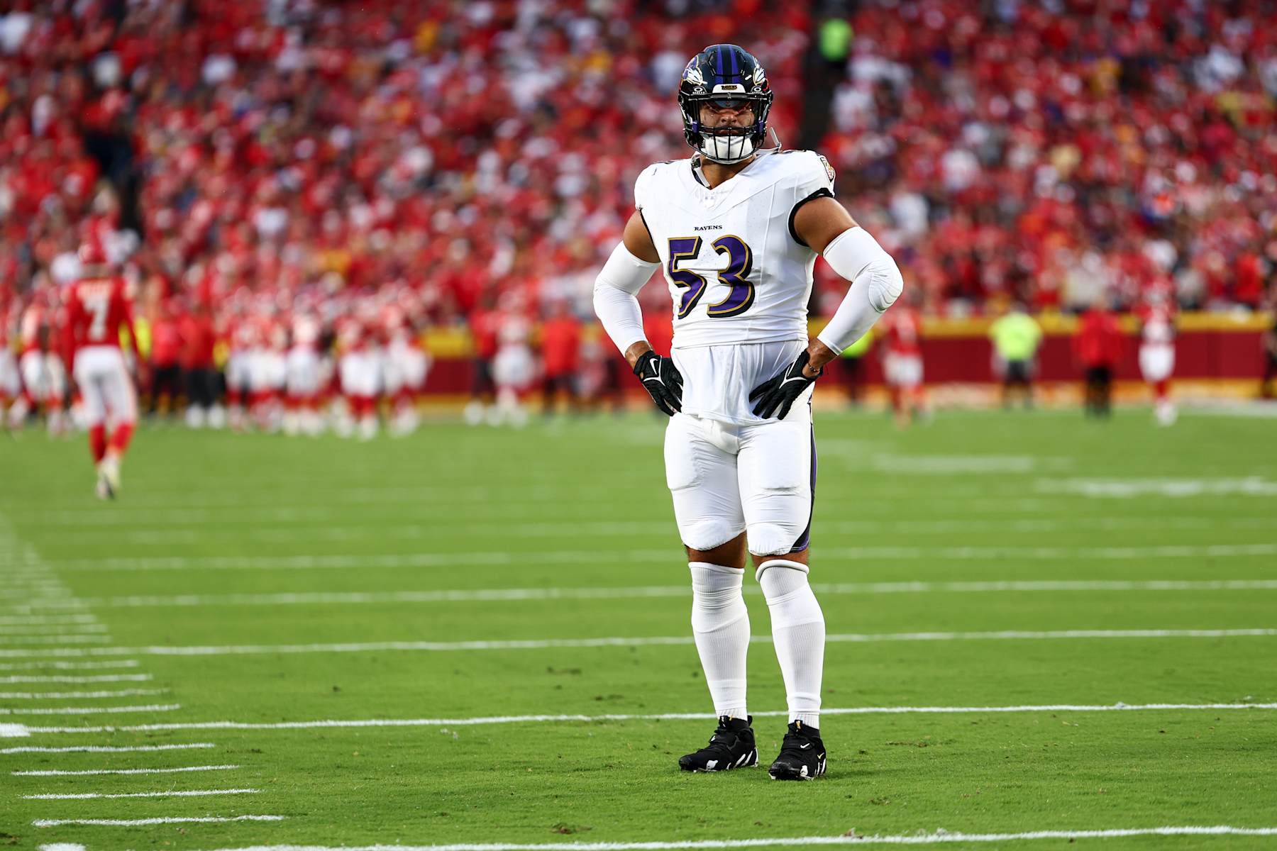 KANSAS CITY, MO - SEPTEMBER 5: Kyle Van Noy #53 of the Baltimore Ravens warms up prior to an NFL football game against the Kansas City Chiefs at GEHA Field at Arrowhead Stadium on September 5, 2024 in Kansas City, Missouri. (Photo by Kevin Sabitus/Getty Images)