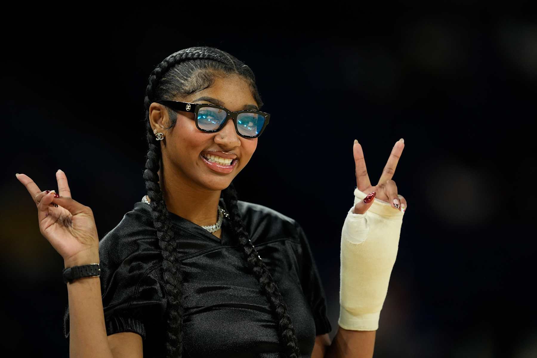 CHICAGO, ILLINOIS - SEPTEMBER 11: Angel Reese #5 of the Chicago Sky looks on during warmups before a game against the Washington Mystics at Wintrust Arena on September 11, 2024 in Chicago, Illinois. NOTE TO USER: User expressly acknowledges and agrees that, by downloading and or using this photograph, User is consenting to the terms and conditions of the Getty Images License Agreement. (Photo by Patrick McDermott/Getty Images)