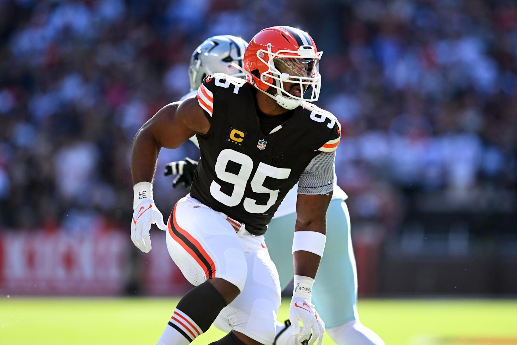 CLEVELAND, OHIO - SEPTEMBER 08: Myles Garrett #95 of the Cleveland Browns rushes the line of scrimmage during the first quarter against the Dallas Cowboys at Huntington Bank Field on September 08, 2024 in Cleveland, Ohio. (Photo by Nick Cammett/Diamond Images via Getty Images)