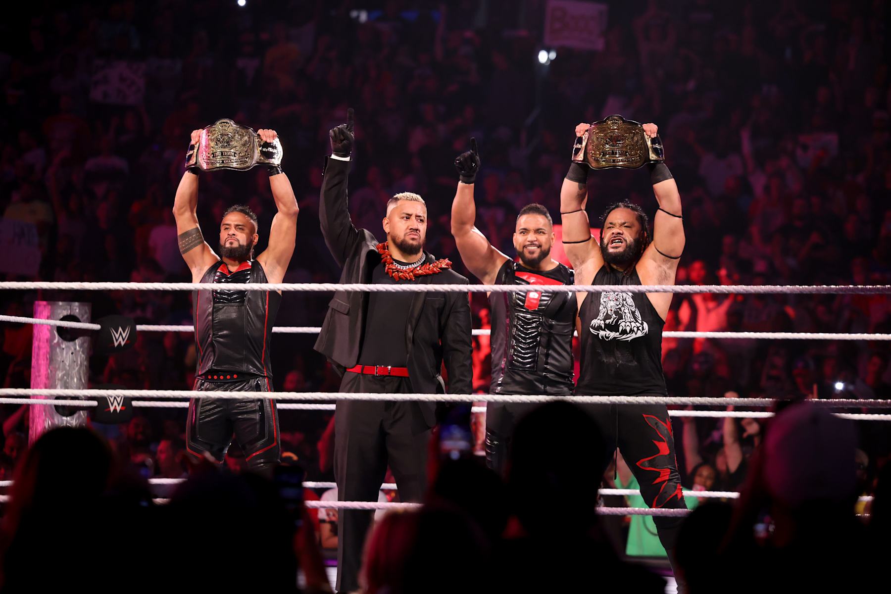WASHINGTON, DC - AUGUST 23: WWE Tag Team Champions Tama Tonga, Solo Sikoa, Tonga Loa and Jacob Fatu (The Bloodline) make their entrance during SmackDown at Capital One Arena on August 23, 2024 in Washington, DC. (Photo by WWE/Getty Images)