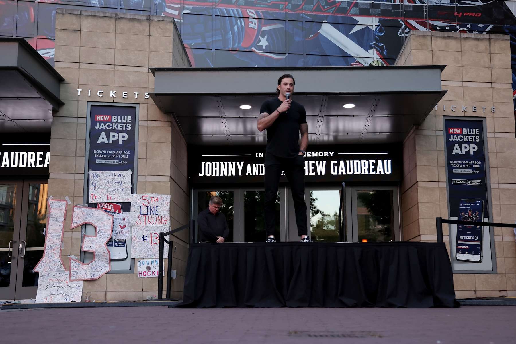 COLUMBUS, OHIO - SEPTEMBER 4: Erik Gudbranson #44 of the Columbus Blue Jackets remembers his teammate Johnny Gaudreau #13 during a candlelight vigil in remembrance of Johnny and Matthew Gaudreau at Nationwide Arena on September 4, 2024 in Columbus, Ohio. (Photo by Kirk Irwin/Getty Images)